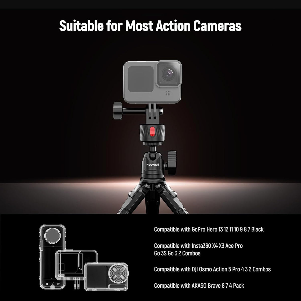 NEEWER GP-24 Action Camera Mount Accessories Kit for POV Shots, 4 in 1 ABS Magnetic Quick Release Mount with 1/4" Thread & Cleaning Cloth Compatible with GoPro DJI Osmo Action Insta360