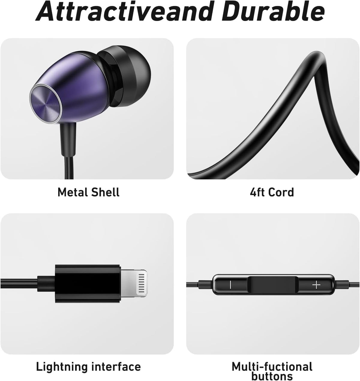 Keyron Lightning Headphones for iPhone [MFi Certified],Wired Earbuds with Built-in Microphone & Volume Control, Earphone Compatible with iPhone 14/13/12/11/XR/XS/X/8/7/SE/Pro/Pro Max, Black/Purple,2Pc