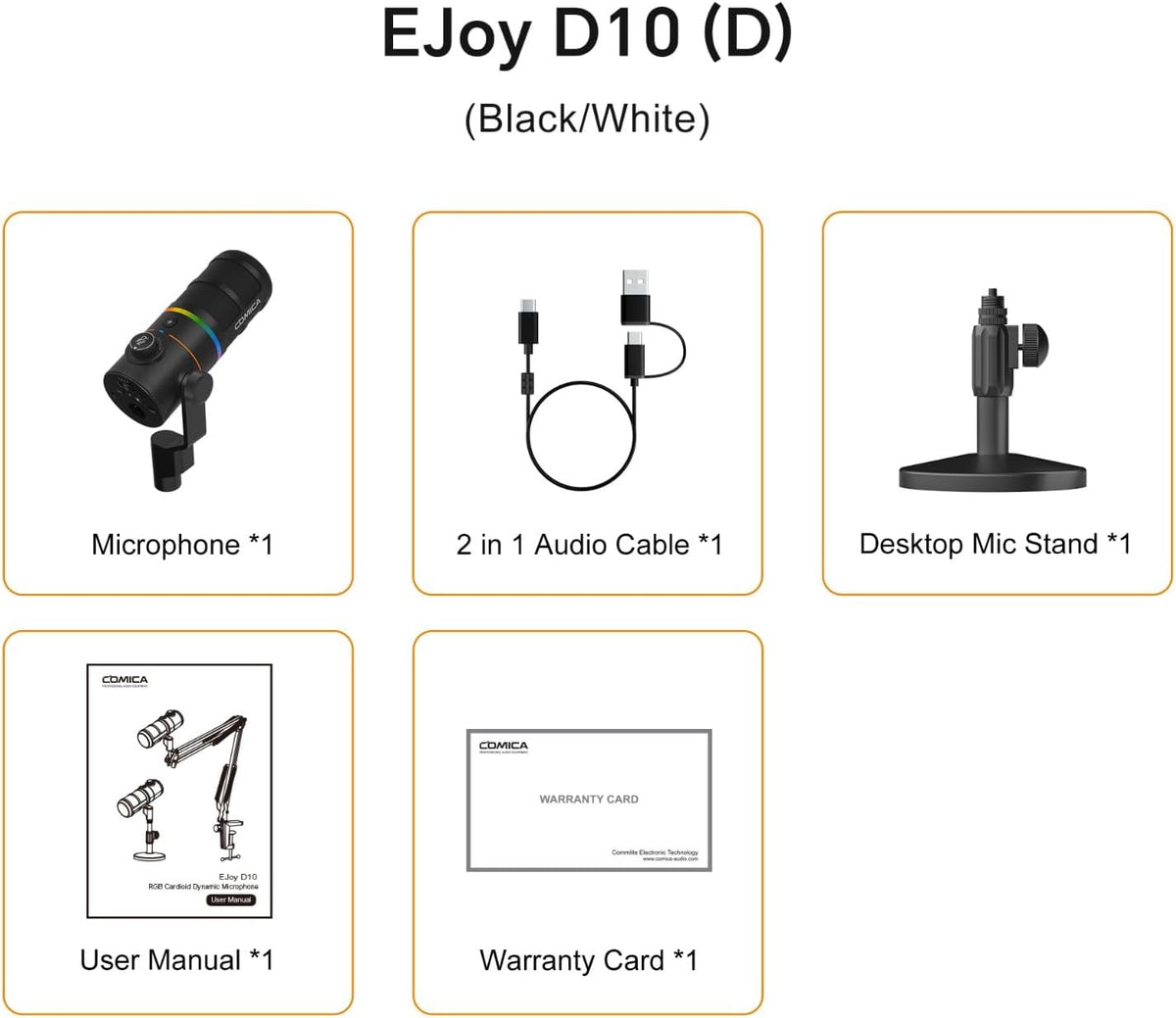 COMICA EJoy D10 D USB/XLR Dynamic Microphone with RGB Lighting &CalMix Denoise &Mute Button- Studio-Quality Cardioid Mic with Desktop Stand for Gaming, Streaming, Podcast,YouTube(PC/PS5/Xbox/Mac)Black