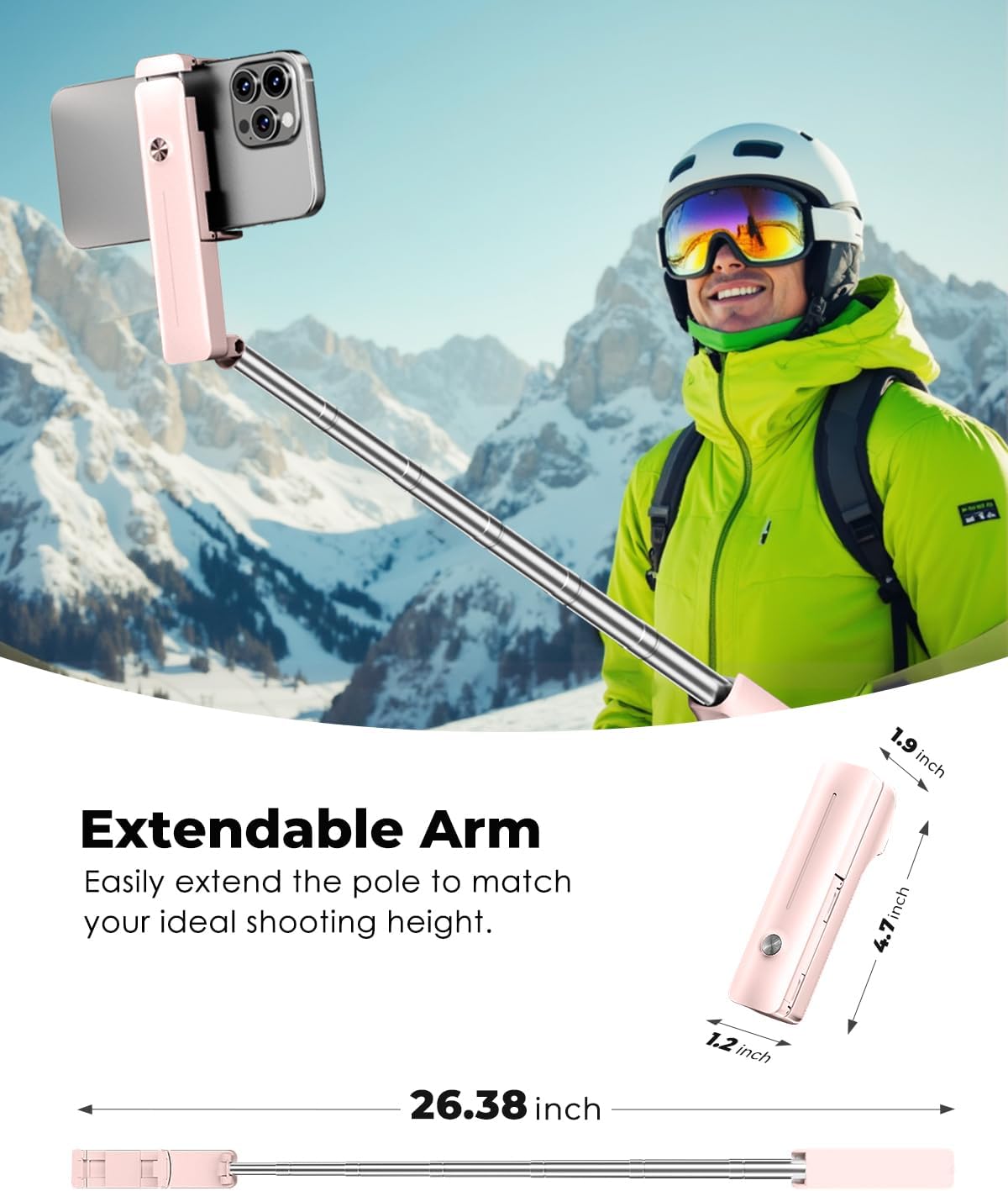 Viozon Portable Selfie Stick, Lightweight Extendable Stainless Steel Tube,All-in-One Compact Selfie Stick with Wireless Remote Compatible with 4-7" iPhone/Android Phones for Vlog/Travel/Filming, Pink