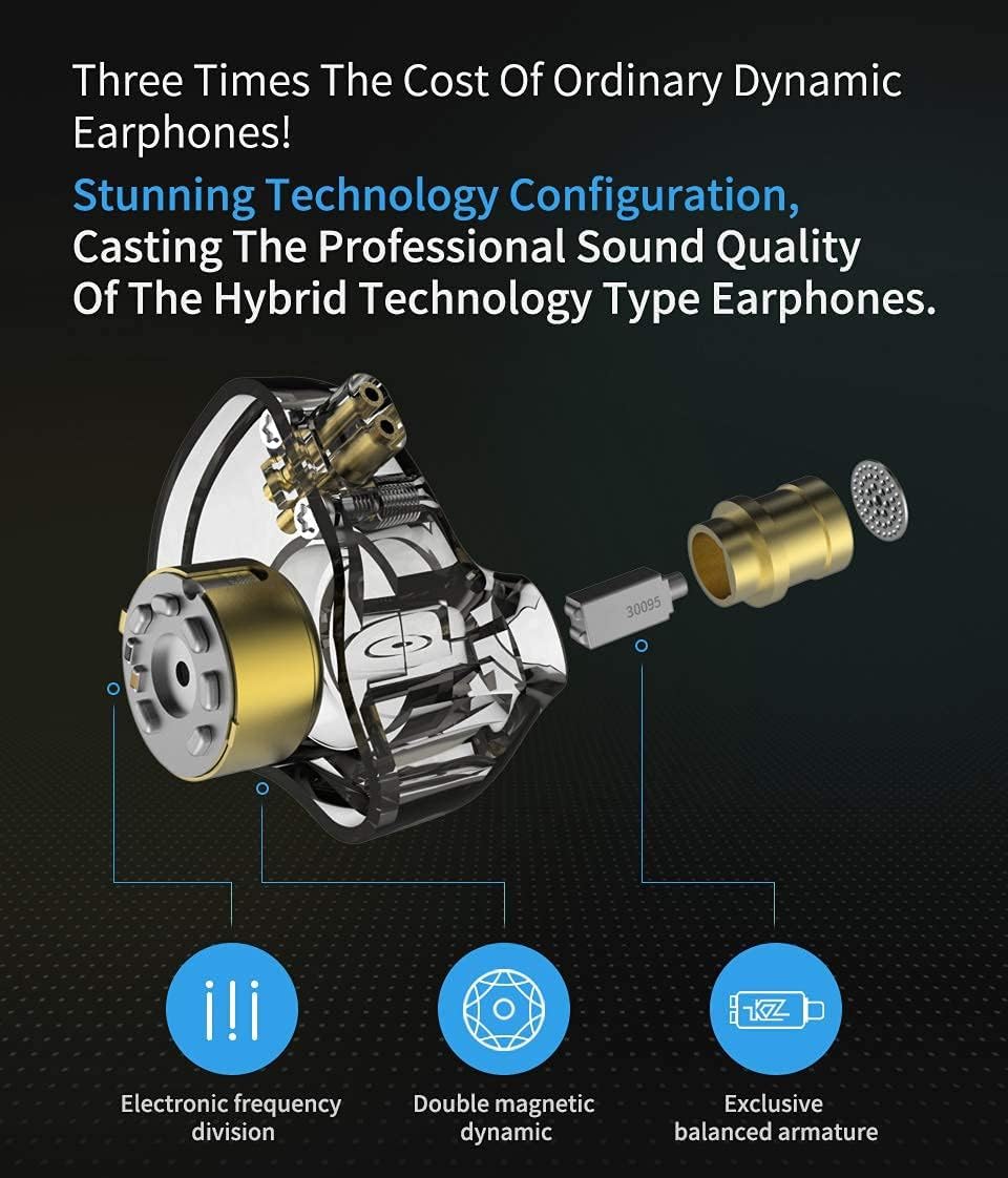 KZ ZSN Pro Dual Drivers 1BA 1DD in Ear Earphones HiFi Power Bass Earbuds Headphones High Clarity Sound Wired Earphones with Detachable Cable for Audiophile Musician