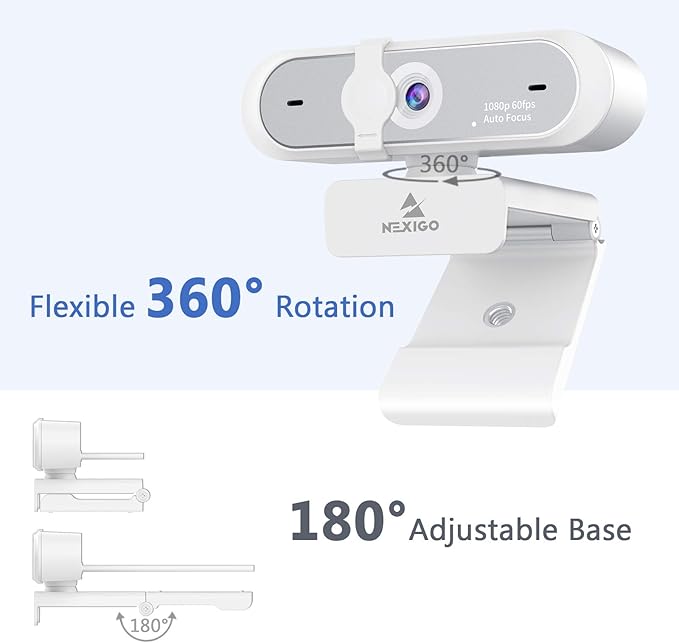 NexiGo N660P 1080P 60FPS Webcam with Software Control Dual Microphone &amp Cover Autofocus HD USB Computer Web Camera for OBS/Zoom/Skype/FaceTime/Teams/Twitch White