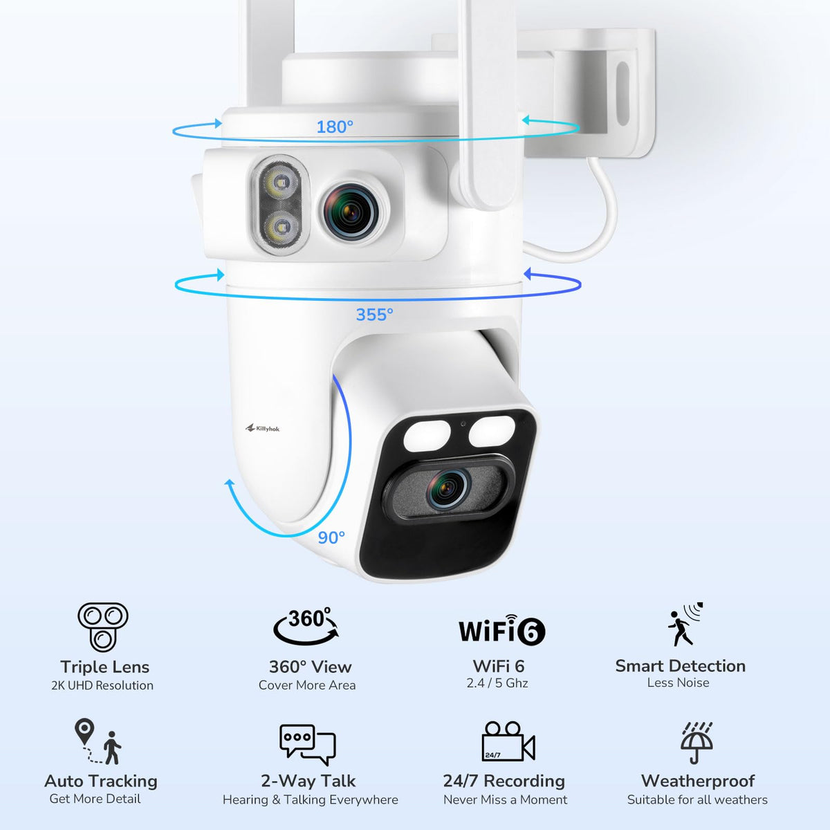 Home Security Camera System Wireless, Triple Lens 2K Security Cameras Wireless Outdoor with 360° Pan & Tilt, Motion Detection, Auto Tracking, 2.4/5GHz