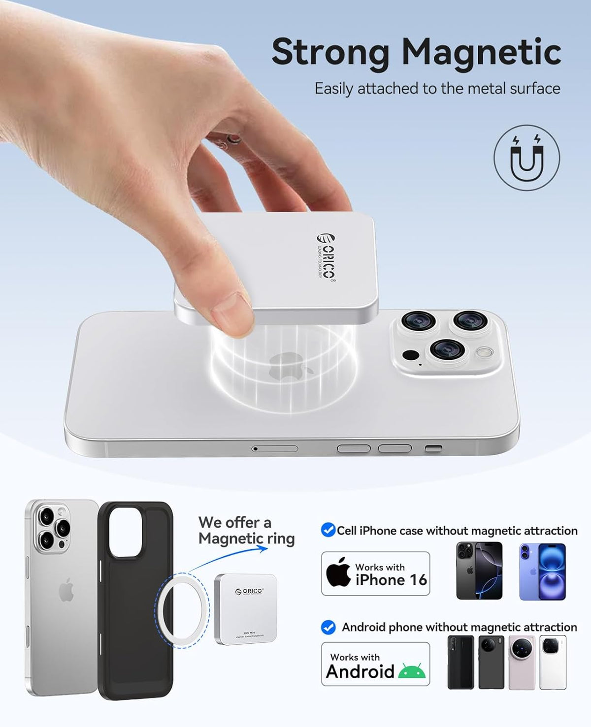 ORICO 512GB Magnetic External SSD, Aluminum Alloy, Up to 2000MB/s, 4K 120Hz ProRes HDR Record and Store, External Solid State Drive, Compatible with iPhone 16 Pro Max, Tablet, Computer - K20MINI