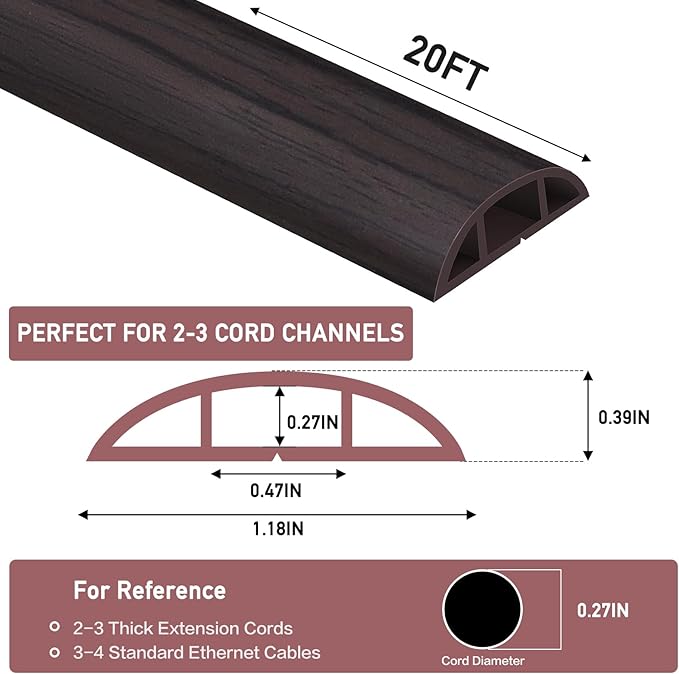 Floor Cord Cover Self Adhesive Cord Hider Floor Extension Cord Covers for Floor Power Cord Protector Cable Management Prevent Cable Trips Cable Cavity 0.47" W x 0.27" H (Dark Walnut, 20Ft)