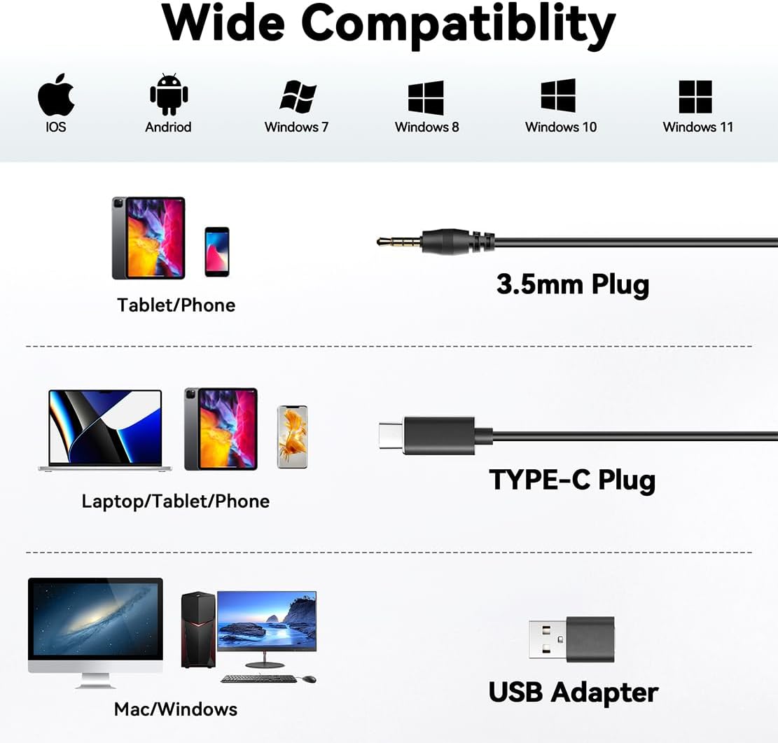 Wantek Headset with Microphone for PC Wired Headphones - USB C 3.5mm Headsets with Noise-Cancelling Microphone for Laptop