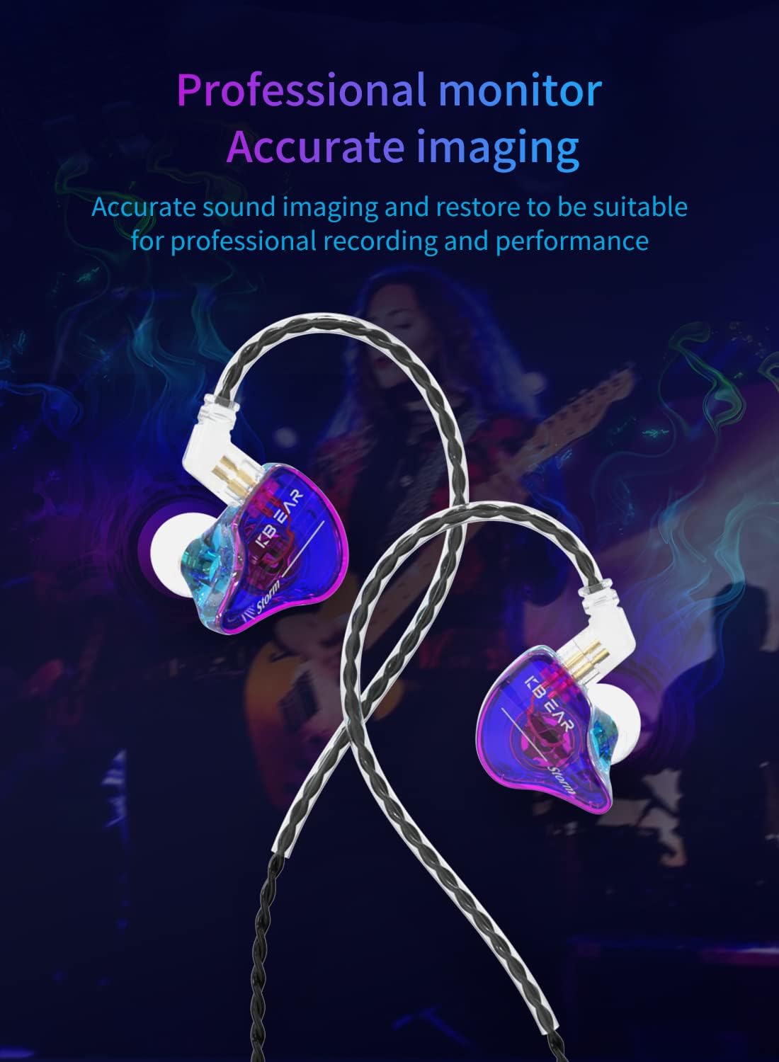 YINYOO KBEAR Storm Professional in Ear Monitor Earphones for Singers Drummers Musicians Bassists, Custom Wired Earbuds in Ear Headphones IEM, Hi Res Detachable OFC Silver-Plated Cable