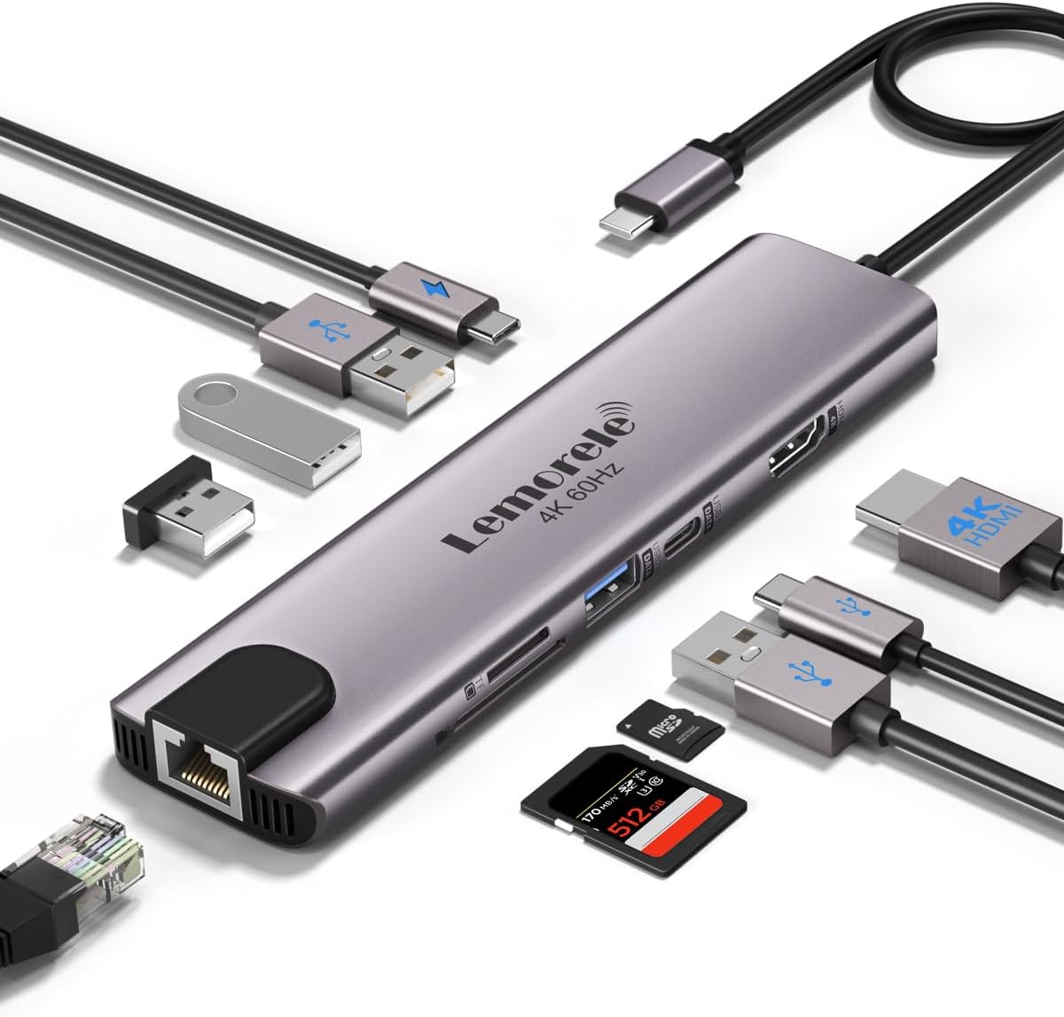 Lemorele USB C Hub Multiport Adapter 10-in-1 for MacBook Pro with HDMI 4K 60Hz, Gigabit Ethernet, 100W Power Delivery, 2 USB 3.0 Ports, SD/TF Card Reader, for HP/Dell/Lenovo Laptops
