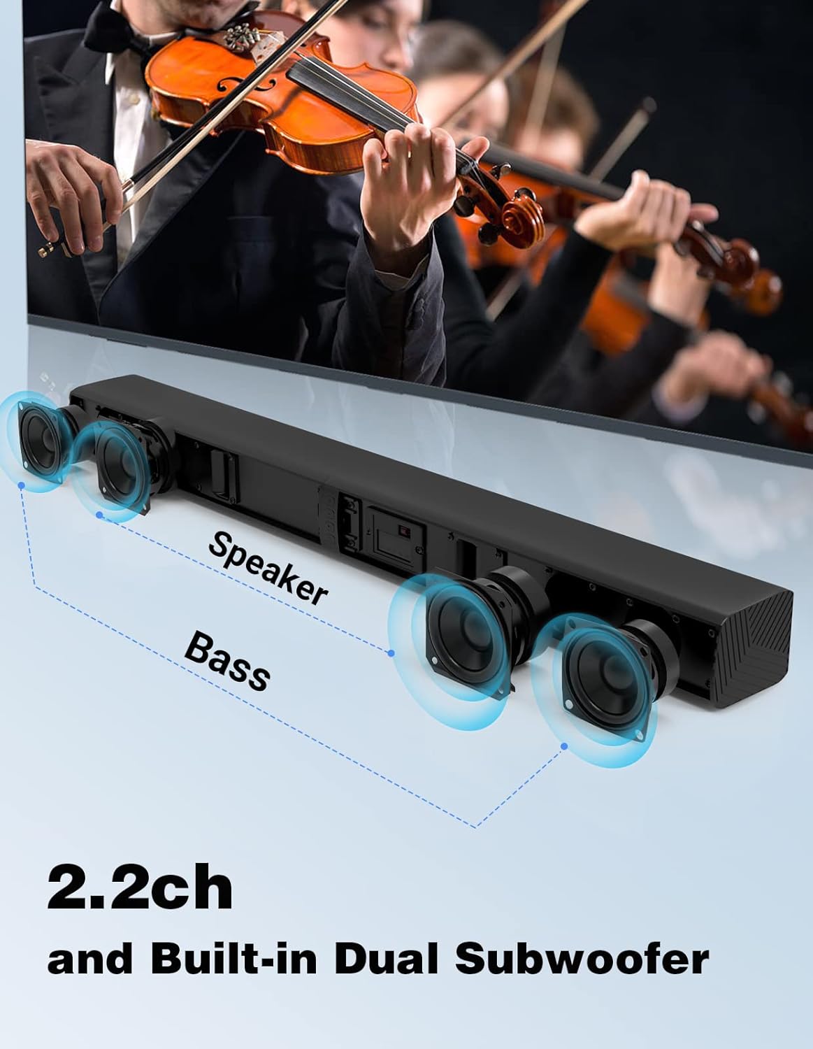2 in 1 Separable Sound Bar for Smart TV, 2.2 Channel 32Inch Bluetooth 5.0 TV Speaker for Surround Sound System, Built-in Dual Subwoofer, Bass Adjustable, Remote Control Included(Sound Bar)