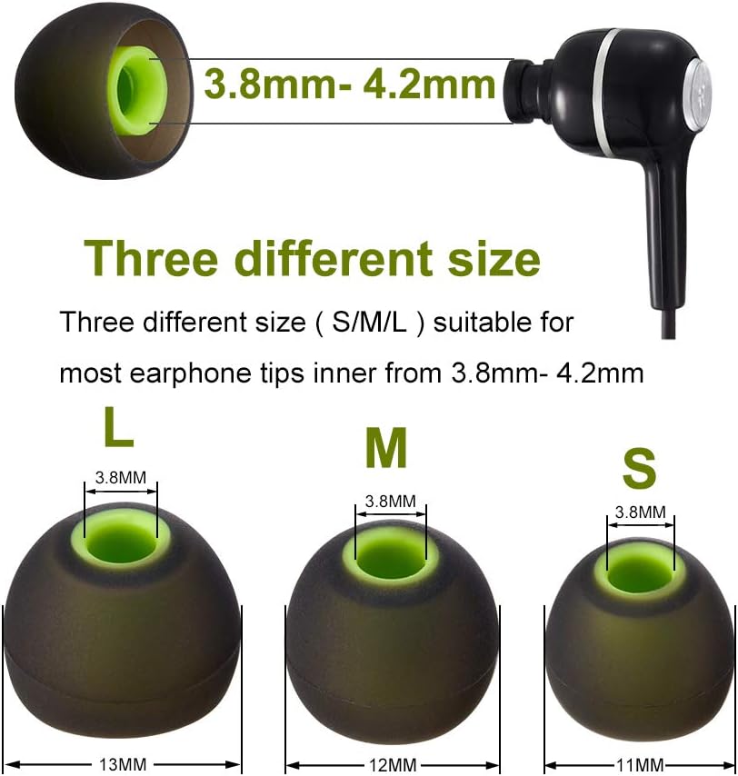 Earbud Tips Soft Silicone Earbuds Replacement Tips Fit for in-Ear Headphones(inner hole from 3.8mm - 4.2mm earphones) 9 Pairs S/M/L,Black/Green