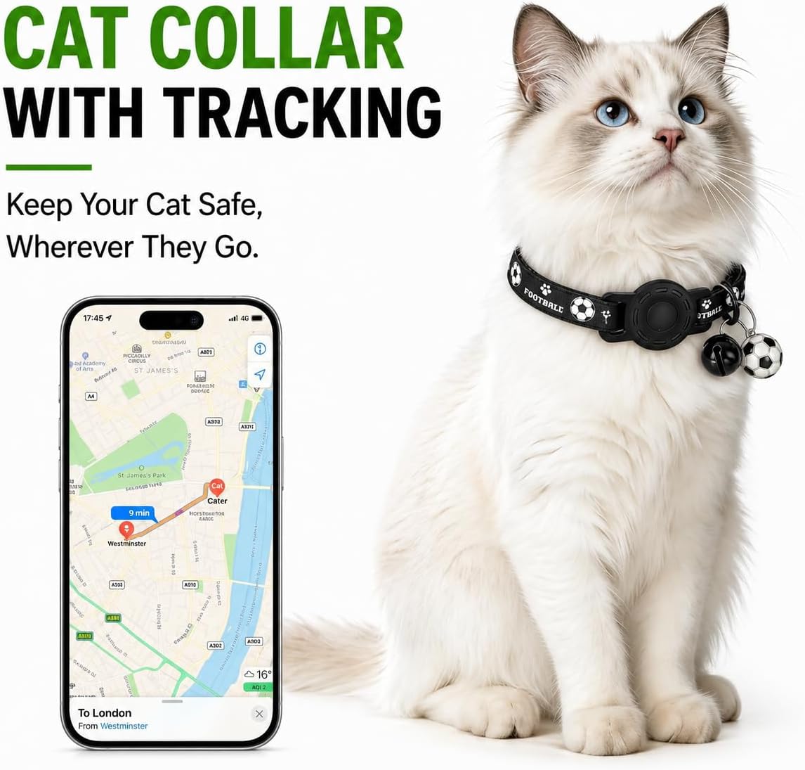 GPS Collar for Cats (Android Only) Pet Tracker, Soccer Style Smart Tag Compatible with Google Find My, Waterproof No