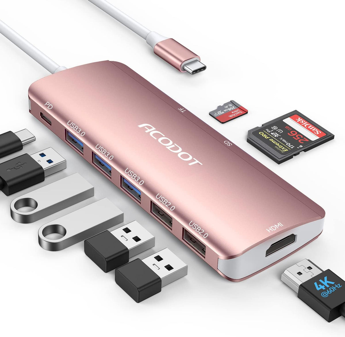 Acodot 9 in 1 USB C to 4K@60HZ HDMI Multiport Adapter, 3 USB 3.0 Ports, SD/TF Card Reader, 100W PD, Designed for MacBook Pro Air HP XPS etc, Rose Gold