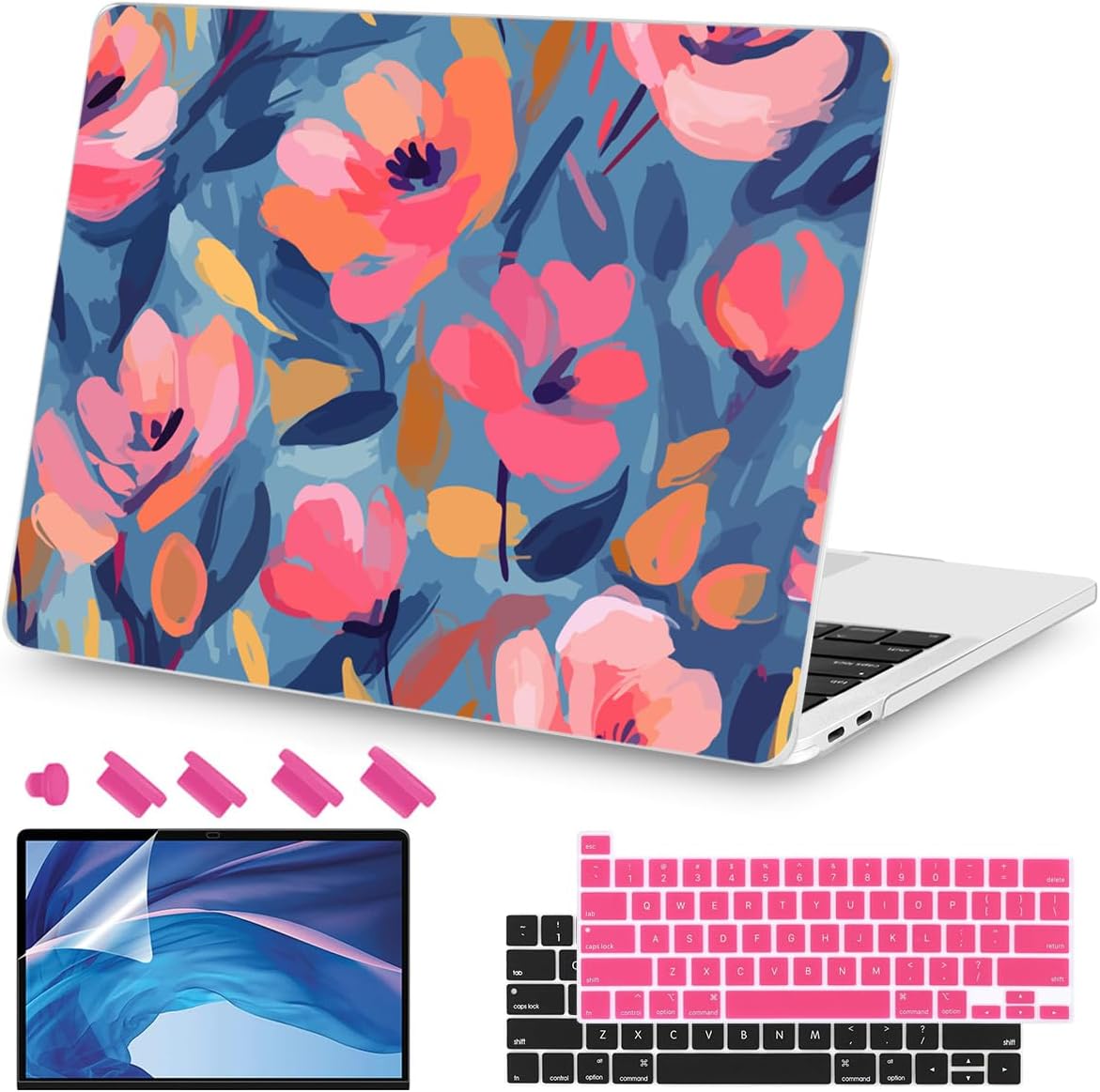 Teryeefi Compatible with M2 M1 MacBook Pro 13 Inch Case A2338 A2289 A2251 A2159 A1989 A1706 A1708 (2024 20203 2022-2016), Hard Shell Case & Keyboard Cover for Mac Pro 13" - W-Abstract Pink Flower