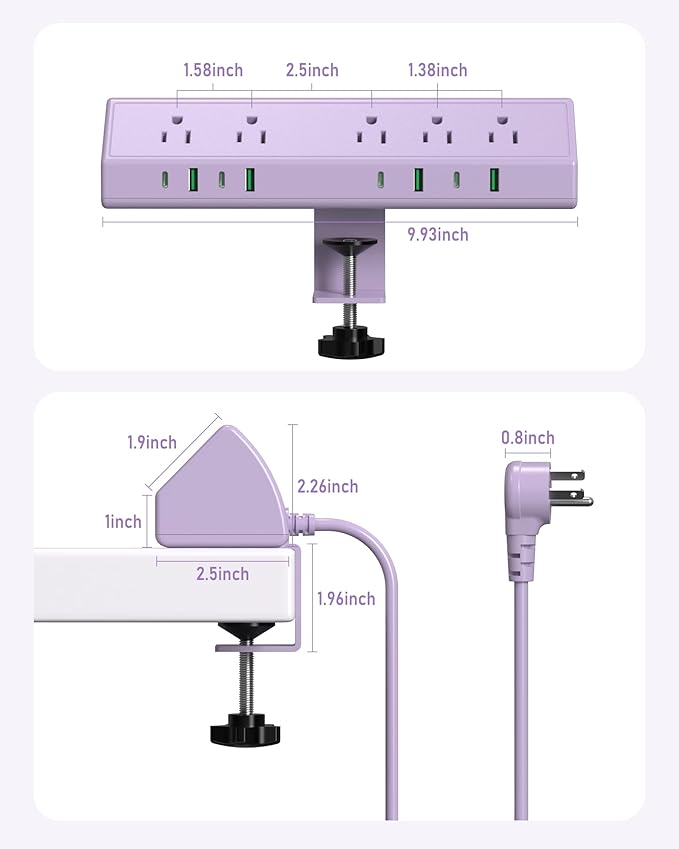 Jgstkcity Desk Clamp Power Strip USB C 45W,Surge Protector,Purple