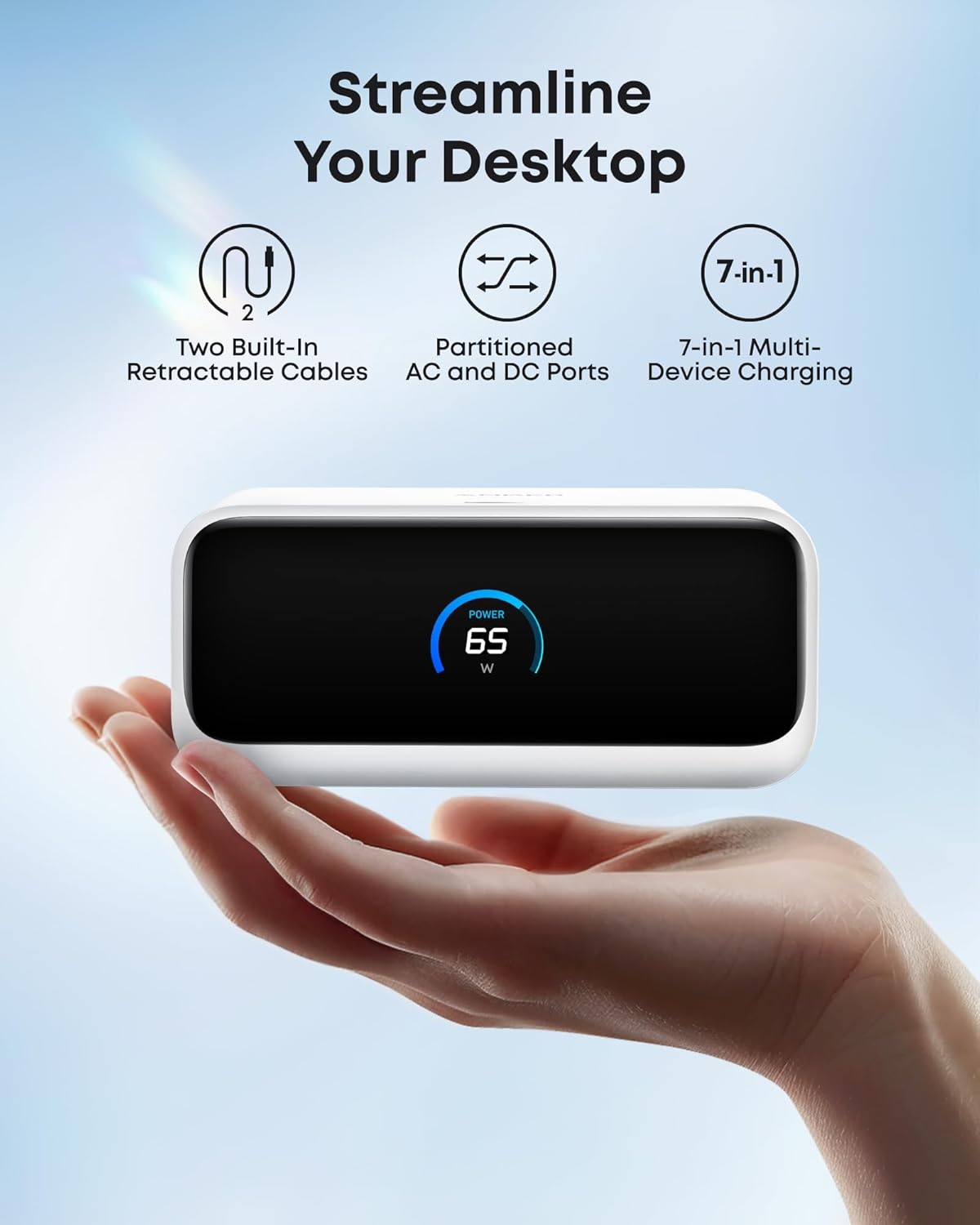 Anker Nano Charging Station, 7-in-1 USB-C Power Strip for iPhone 16, 2.3 ft Anker InstaCord Retractable Cable, 3 USB-C, 1 USB-A, 3 AC, 100W Desktop Fast Charging for MacBook, Home, Office(Non-Battery)