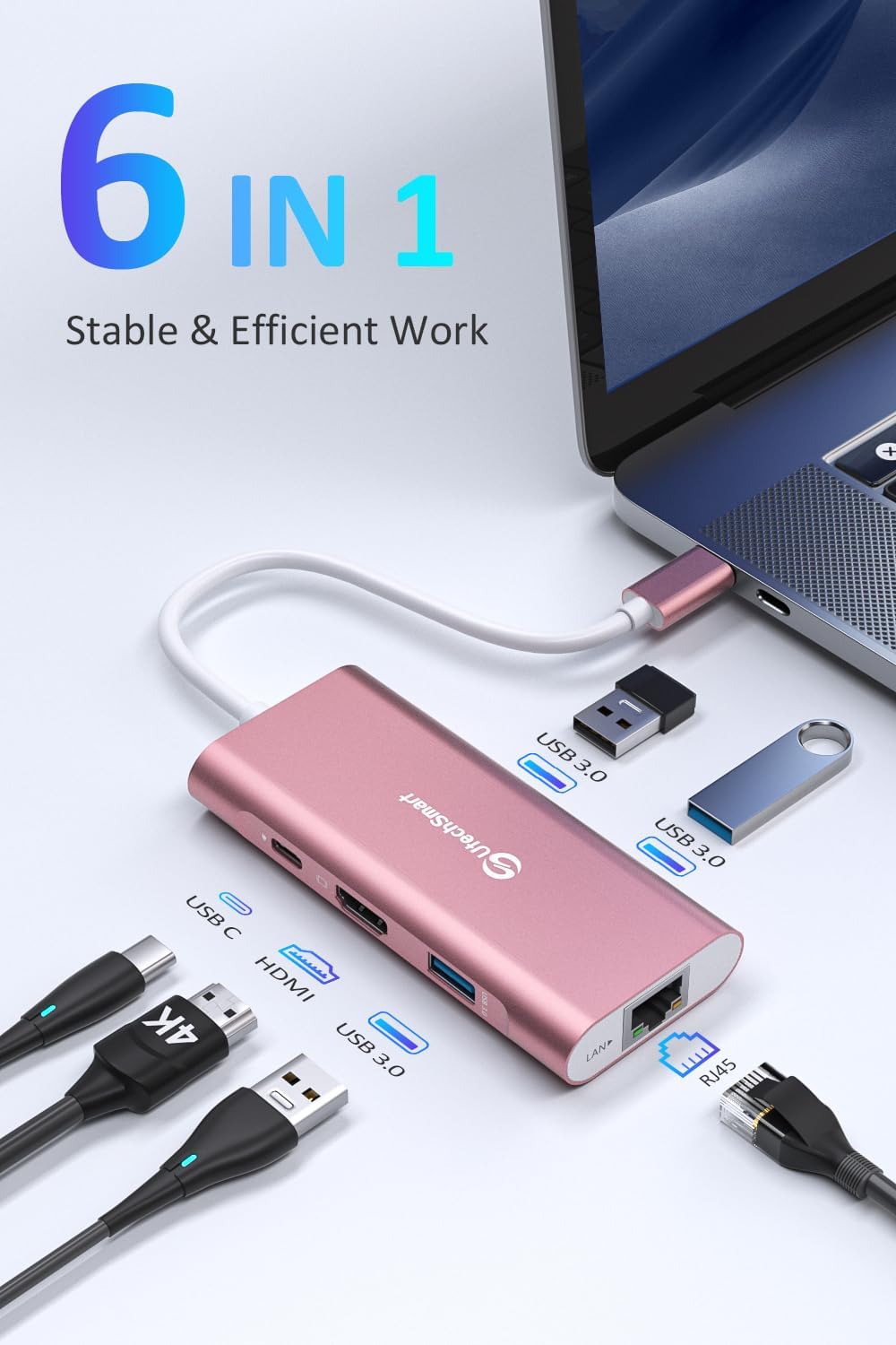 UtechSmart USB C Hub, Ethernet Multiport Adapter 6 in 1 USB C to HDMI Dock Compatible for MacBook Pro/Air, Chromebook, Dell XPS, HP and Type C Devices (Gigabit Ethernet 100W PD 4K HDMI USB 3.0) Pink