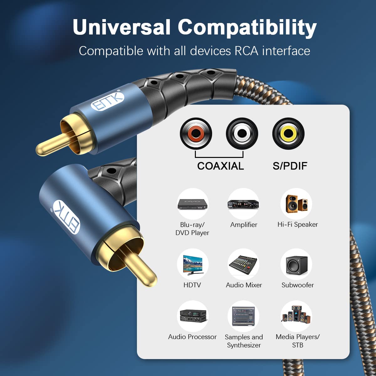 EMK RCA Subwoofer Cable 90 Degree RCA to RCA Audio Cable 24K Gold-Plated Nylon Braided Double Shielded Digital Analogue Supports Amplifiers,Home Theater,Hi-Fi Systems,Subwoofer(30ft/10m)