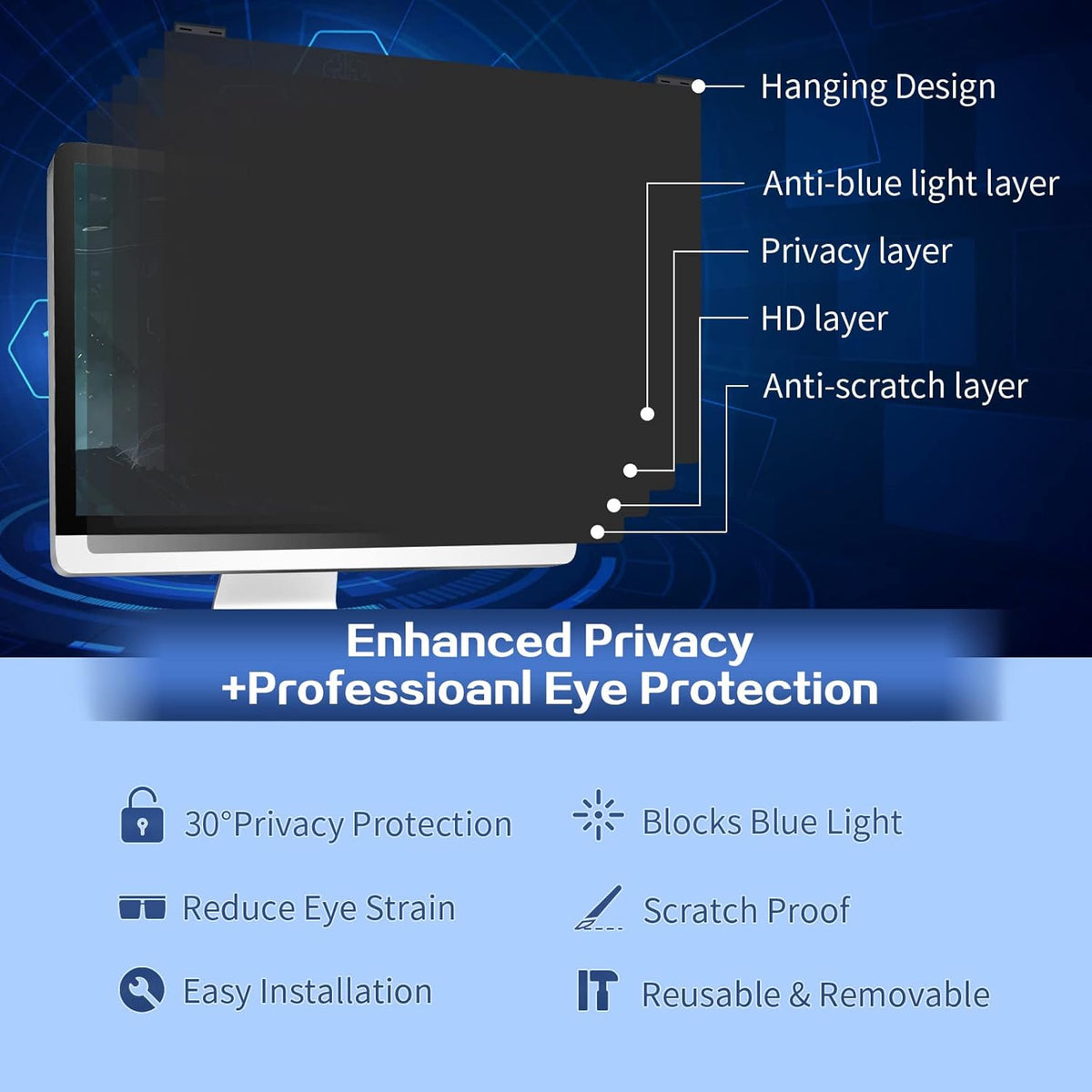 Computer Privacy Screen Filter 27 Inch, 9H Hardness Hanging Computer Screen Privacy Shield Compatible with 16:9 Widescreen Monitor, Eye Protection and Blue Light Blocks