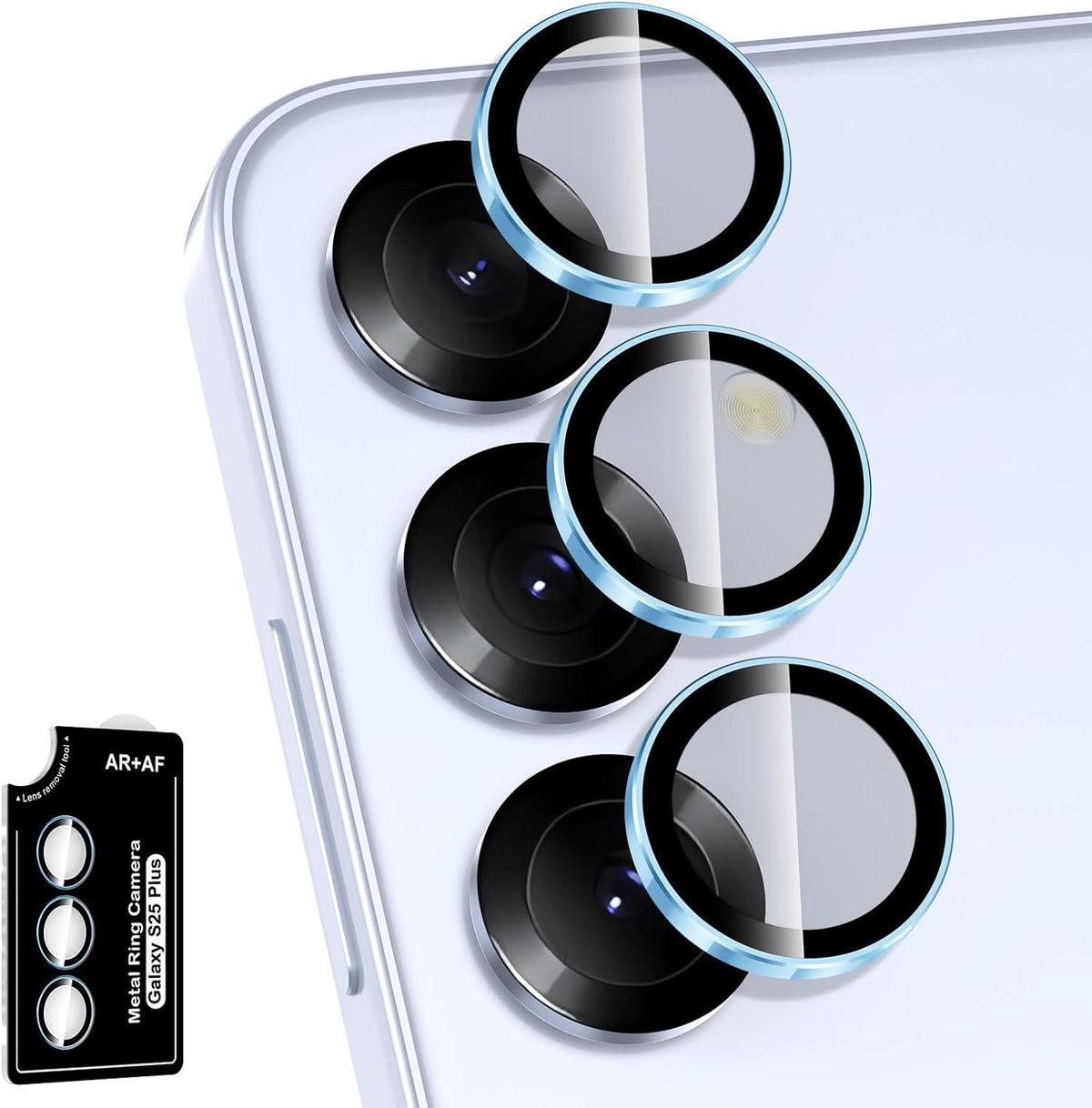 for Samsung Galaxy S25 Plus Camera Lens Protector, Individual Metal Ring Tempered Glass Lens Cover, [Strong Adsorption] Scratch Resistant Ultra-Thin HD Clear Lens Cover, 1 Set-Blue Ring