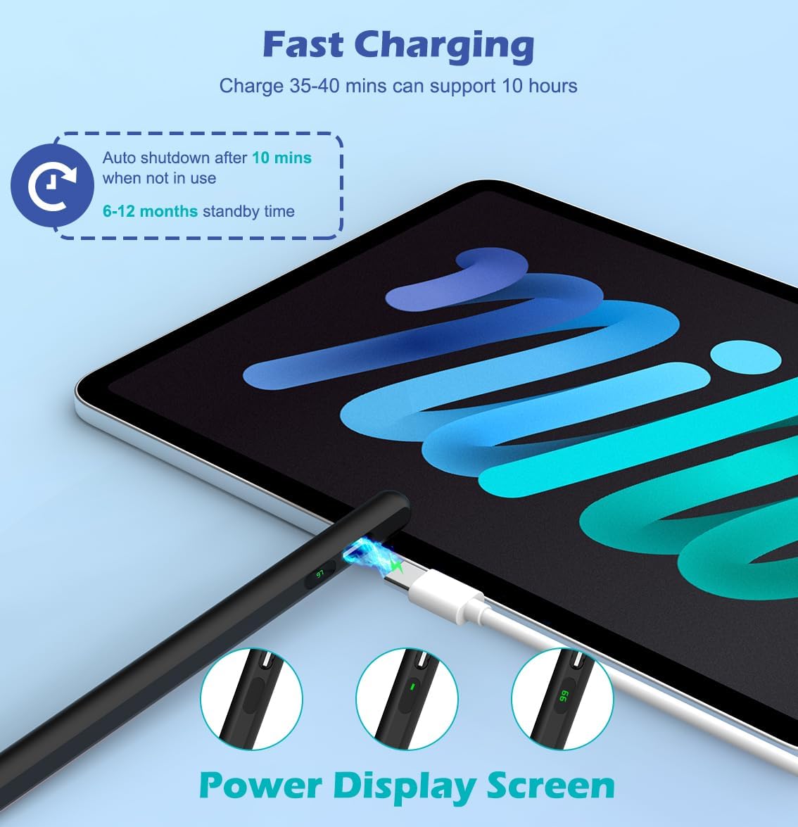 Moko Stylus Pens for Touch Screens, Fast Charge Stylus Pen for Apple iPad/iPhone/Samsung/Lenovo/iOS/Android Tablets&Smart Phone Universal Stylus Capacitive Screen Pencil with Power Display, Black
