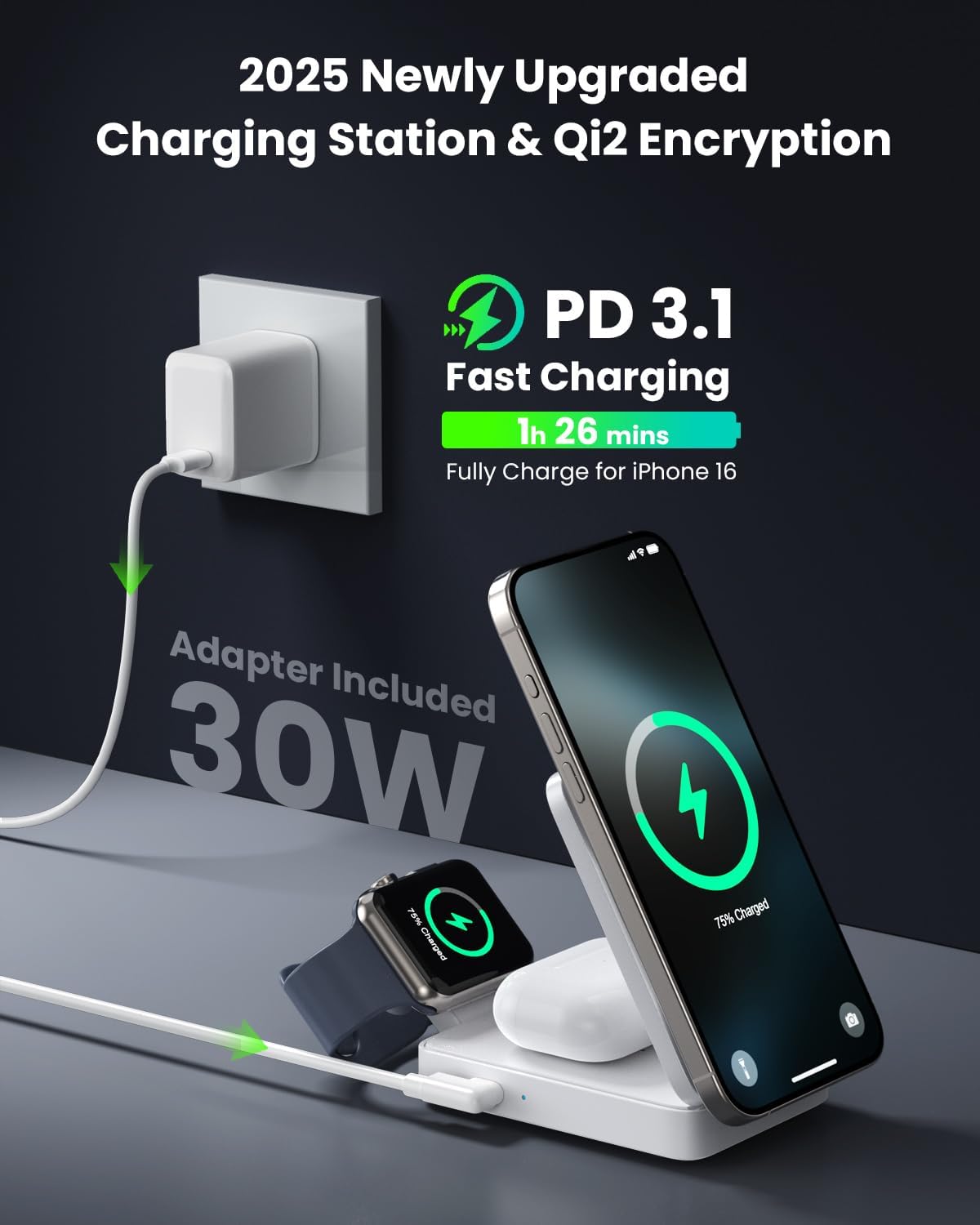 3-in-1 Wireless Charger Charging Station for iPhone, Qi2 Certified 15W Fast Charging Foldable Magnetic Charger Stand with 30W USB C Adapter for MagSafe iPhone 16/15/14/13/12, Apple Watch, AirPods
