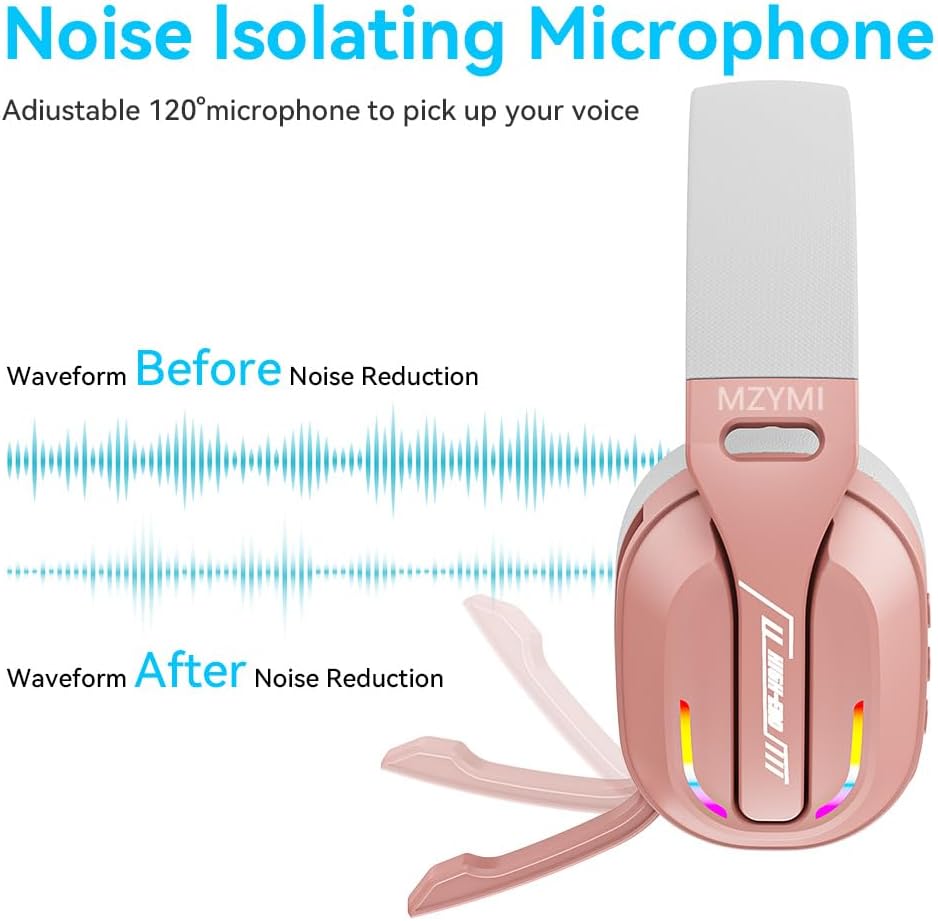 2.4GHz Wireless Gaming Headset for PC, PS5, PS4, Switch - Bluetooth 5.4, 20H Battery, with ENC Noise Canceling Microphone, Cool Lighting, 40mm Drivers,for Wired Mode Xbox Series -Rose Gold