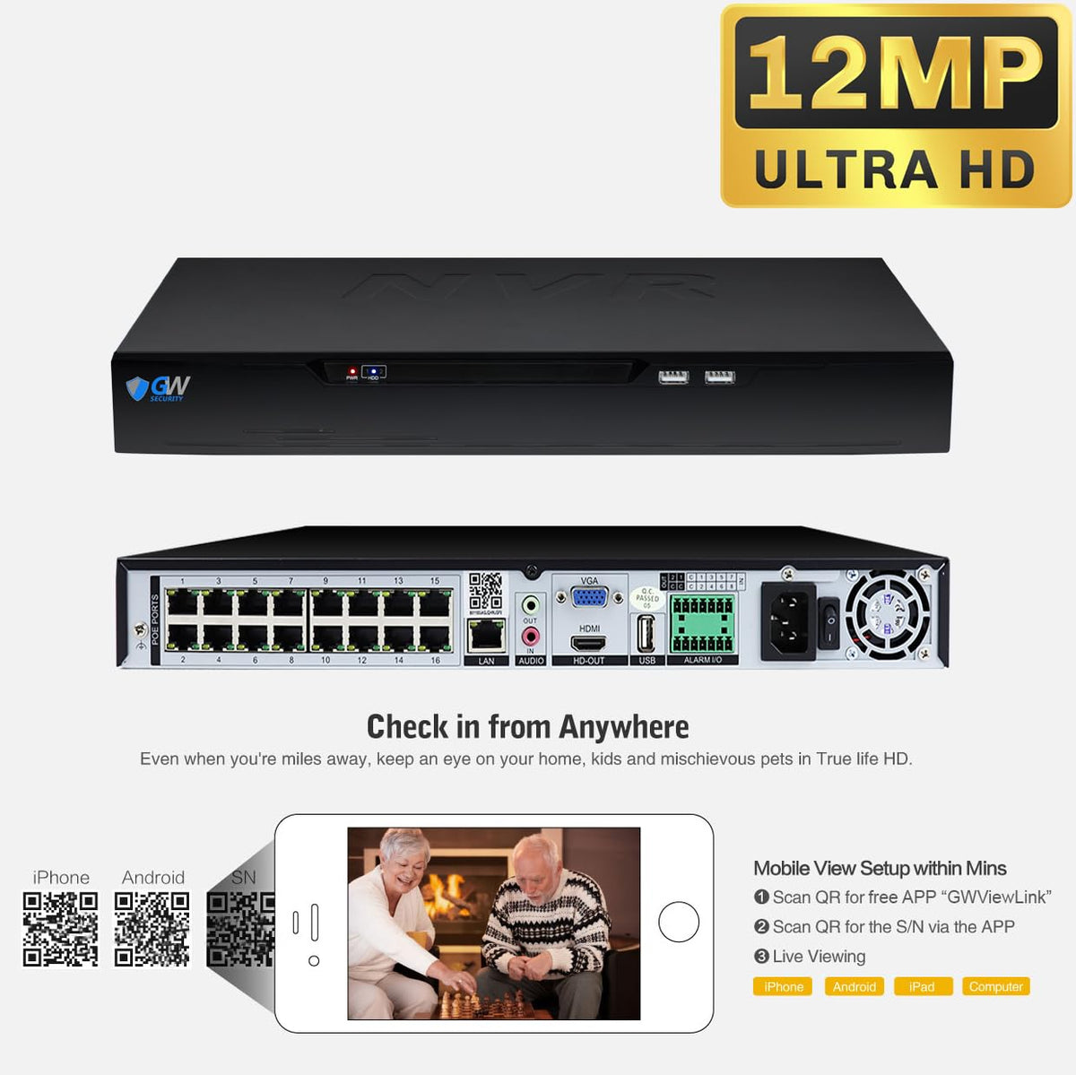 GW Security 16 Channel NVR UltraHD 12MP 6K Face/Human/Vehicle/License Plate Detection Security Camera System with 8 x 12MP IP Microphone Smart AI Dome
