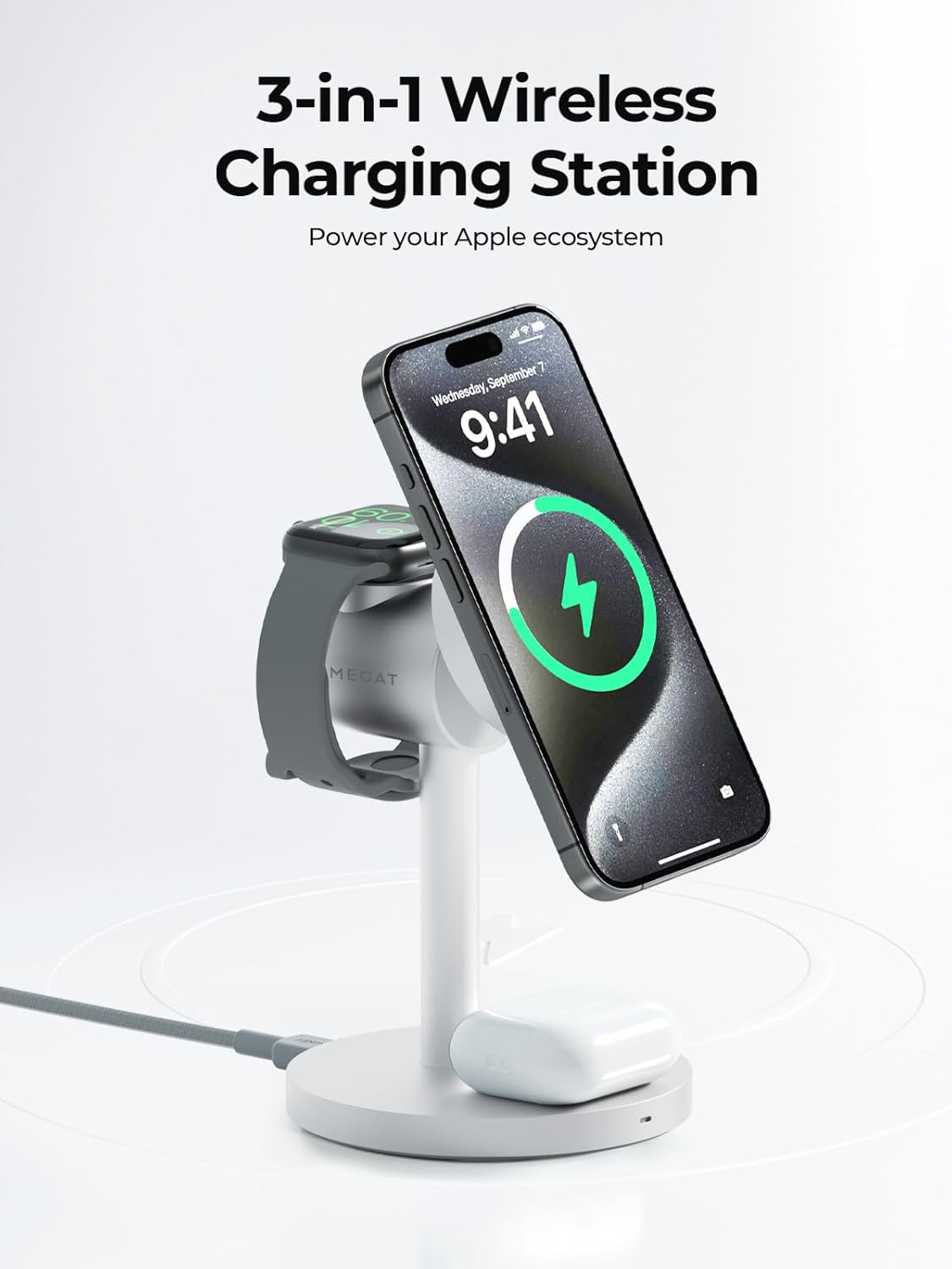 MagFusion 3-in-1 Charging Station Compatible with MagSafe, Qi2 Certified 15W Wireless Charger Stand, Magnetic Charger for iPhone 16/15/14/13/12, Apple Watch, AirPods, Silver
