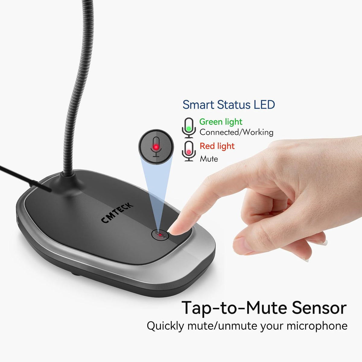 CMTECK USB Computer Microphone, Plug &Play Desktop Omnidirectional Condenser PC Laptop Mic, Mute Button with LED Indicator, Compatible with Windows/Mac, Ideal for YouTube, Skype, Recording (Gray)