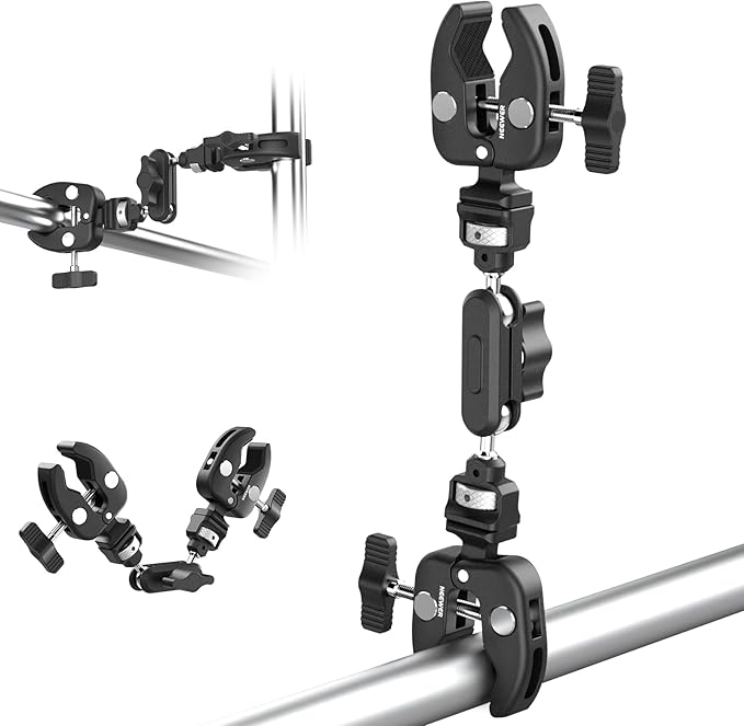 NEEWER Double Super Clamp Camera Mount with Magic Arm, NATO Interface, Cold Shoes, 1/4" Locating Holes for ARRI, Desk Studio Photography Light Stand Pole Cross Bar Umbrella Holder Clamp Mount, UA060