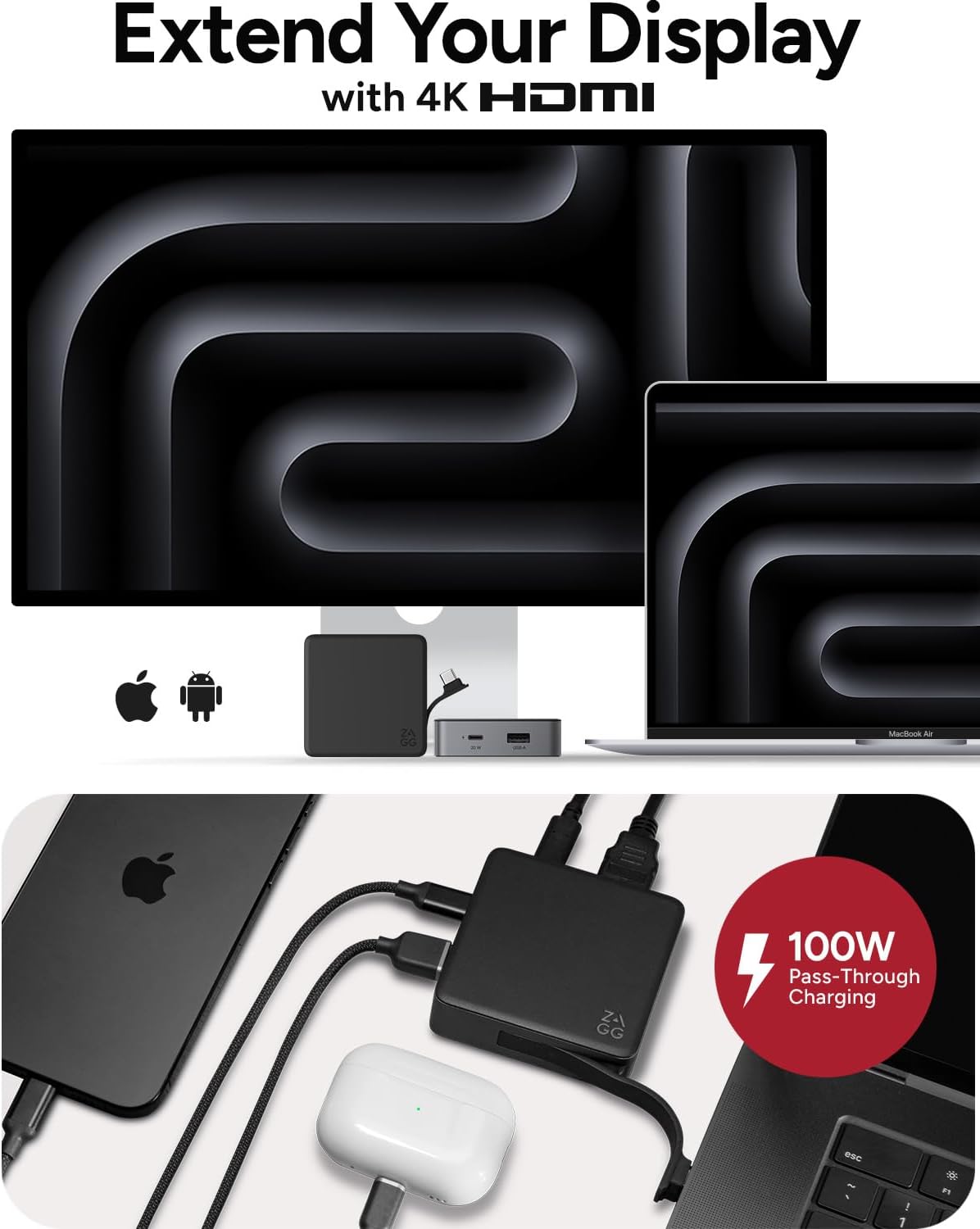 ZAGG 4-Port Hub - Versatile USB-C PD, USB-A HDMI Adapter, High-Speed Charging & 4K Display Support, Compact for Travel, Compatible with Windows, macOS, iPadOS, ChromeOS, Android