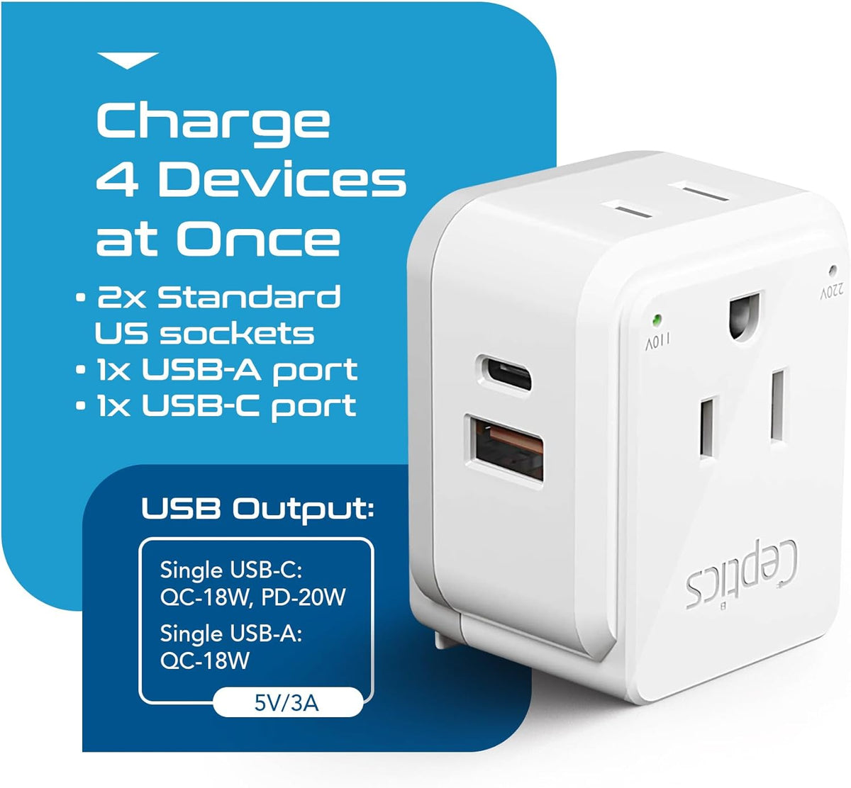 Ceptics UK, Ireland Power Adapter Travel, Safe Dual USB & USB-C 3.1A - 2 USA Socket - Compact & Powerful - Use in Hong Kong, England, Dubai, Saudi Arabia - Includes Type G Swadapt Attachments