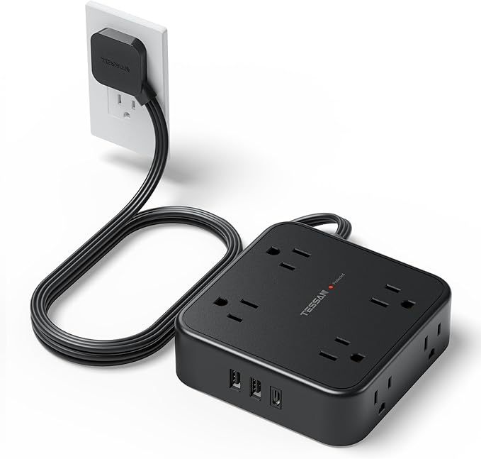 TESSAN Surge Protector Power Strip, 5 Ft Flat Plug Extension Cord with 3 USB (1 USB C) 8 Outlets, 900J Protection, 3 Sided Outlet Extender with Power Switch for Office, Dorm Room, Black