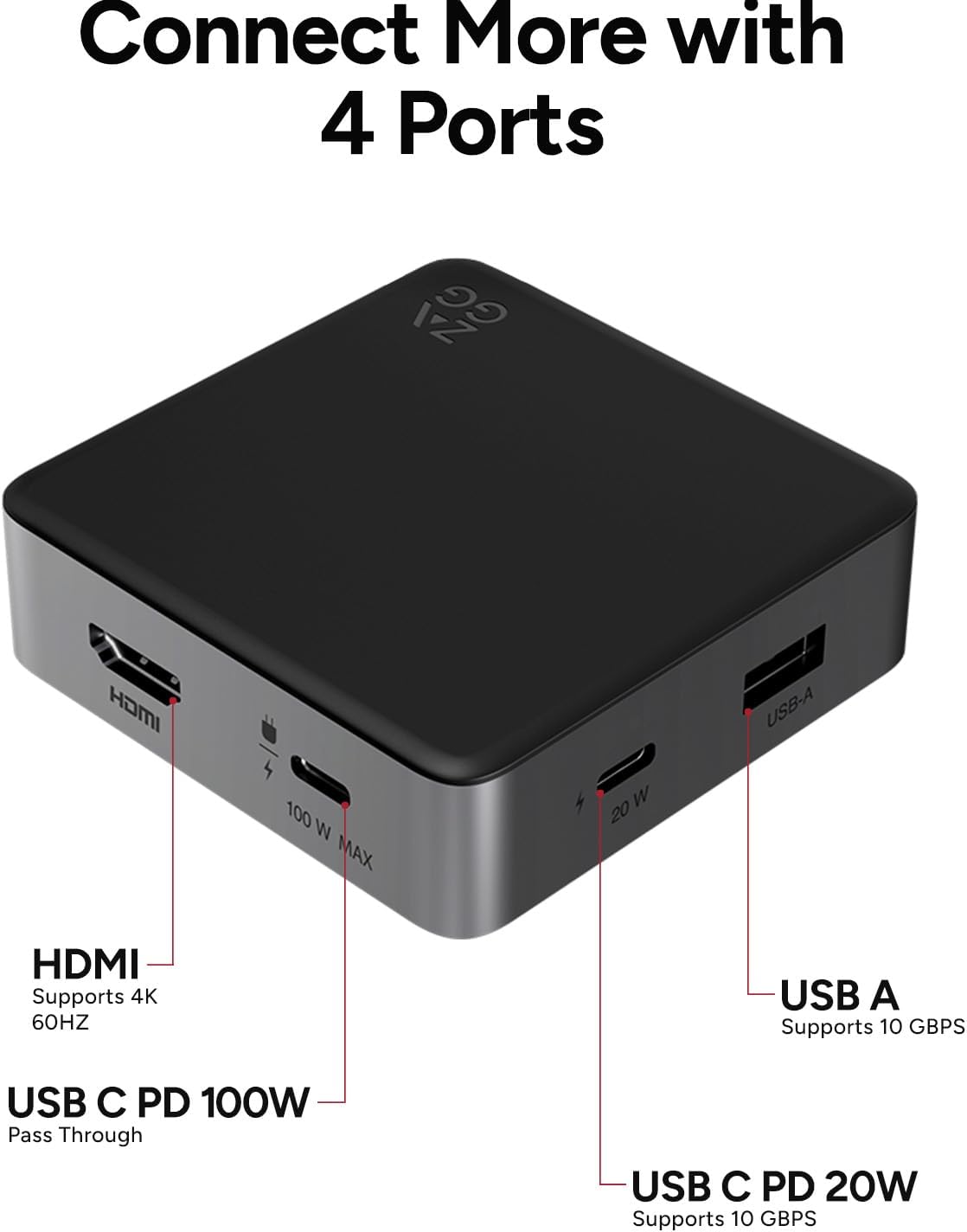 ZAGG 4-Port Hub - Versatile USB-C PD, USB-A HDMI Adapter, High-Speed Charging & 4K Display Support, Compact for Travel, Compatible with Windows, macOS, iPadOS, ChromeOS, Android