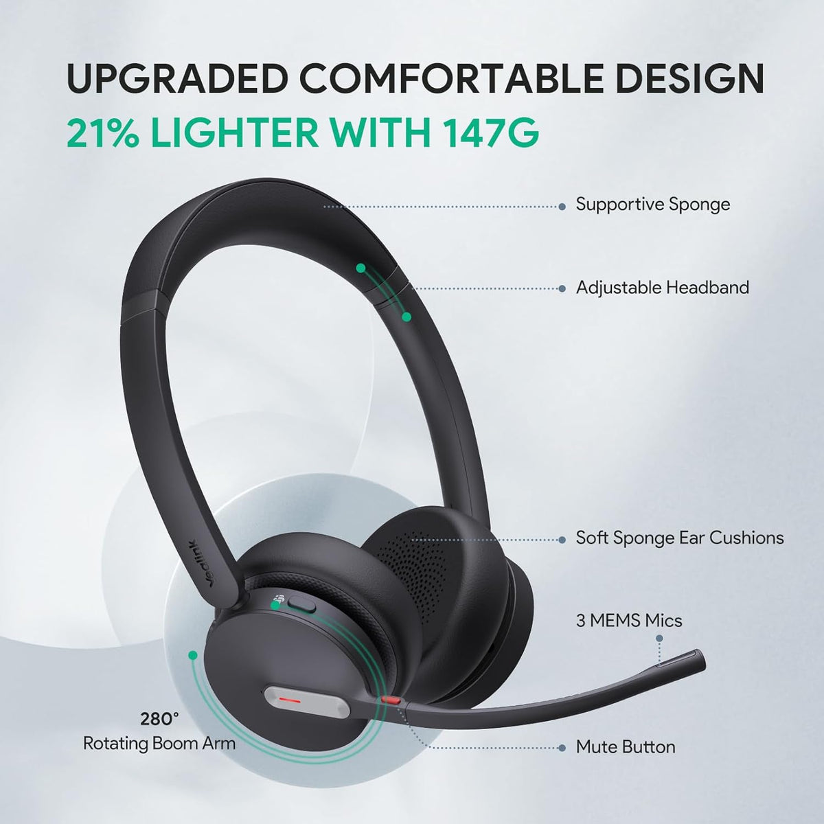 Yealink BH70 Wireless Bluetooth Headset with Microphone for Work, up to 35h Talking Battery Life, 3-Mic Noise Cancellation, 147g Lightweight Microsoft Teams Certified Headphone for Open Office, USB-A