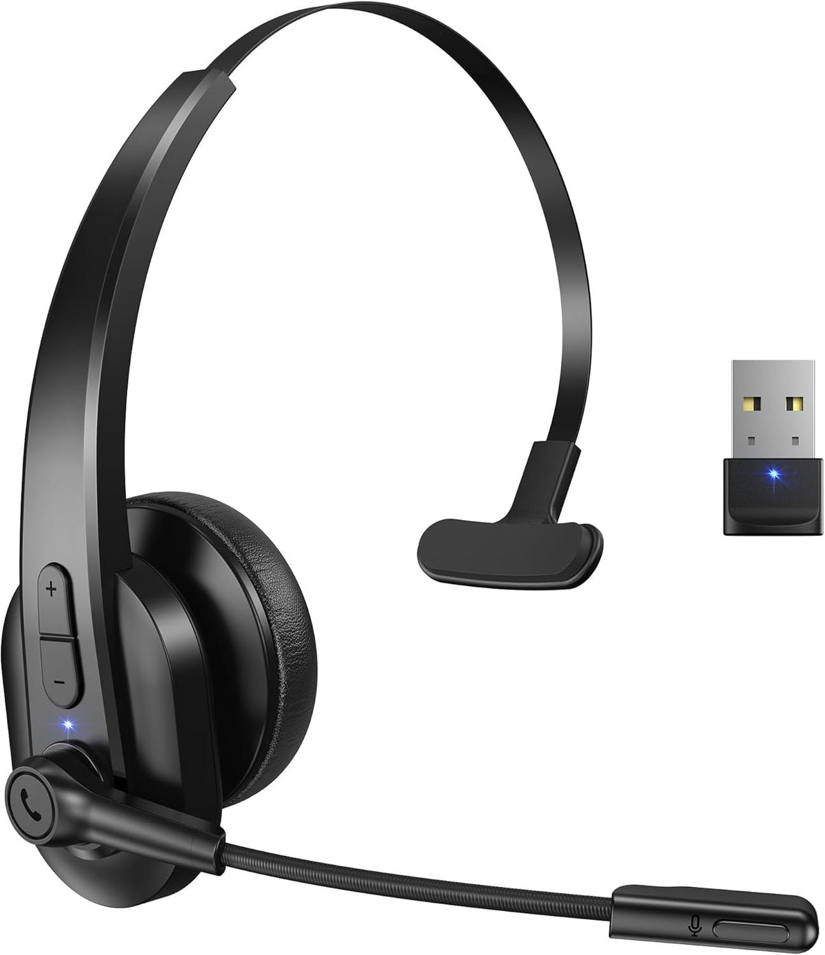 Bluetooth Headset with USB Dongle for Computer, Single-Ear Wireless Headset with Noise Cancelling Microphone for Office & Truckers, Bluetooth V5.2 with Mute Button for Work