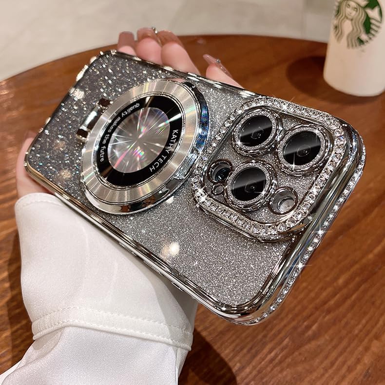 Magnetic Kickstand (Glitter Lens Protector ) Case for iPhone 16 15 14 13 Pro Max (Compatible with Magsafe ) Sparkling Diamond Cover Glitter Shiny Rhinestone Cases (Silver,for iPhone 16 Pro Max)