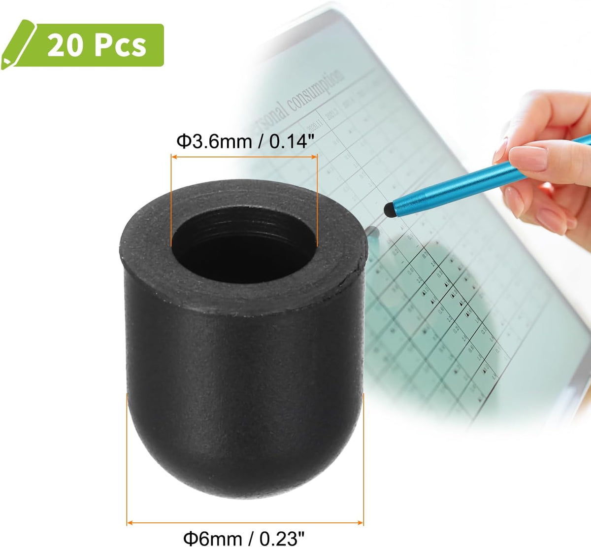 MECCANIXITY 20Pcs Replacement Stylus Pen Tips 6mm Conductive Capacitive Touch Screen Pens Tips Silicone Rubber, Black