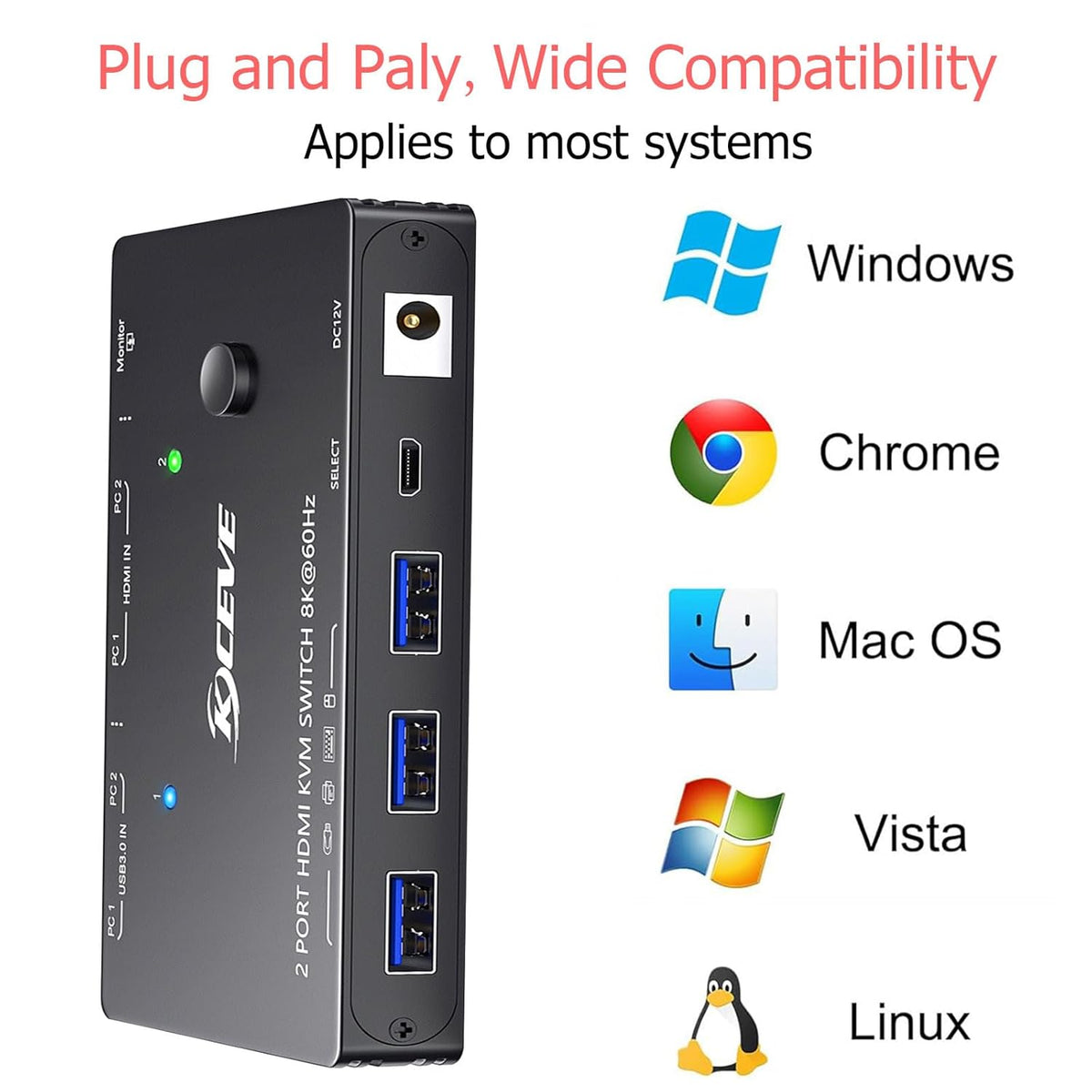 HDMI2.1 KVM Switch 2 Computer 1 Monitor 8K@60Hz, KVM Switch HDMI 2 Port with 3 USB3.0, Wired Remote, Power Adapter and USB Cables