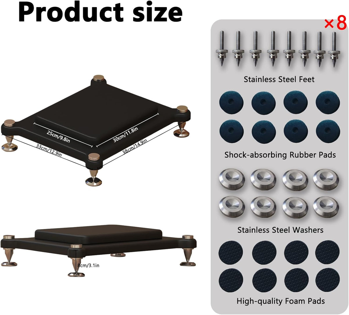 2pcs Subwoofer Isolation Stand, Double-Layered Speaker Isolation Stands with Stainless Steel Metal Feet, Acoustic Speakers Isolation Pad for Floor, Desktop (9.8×11.8in)