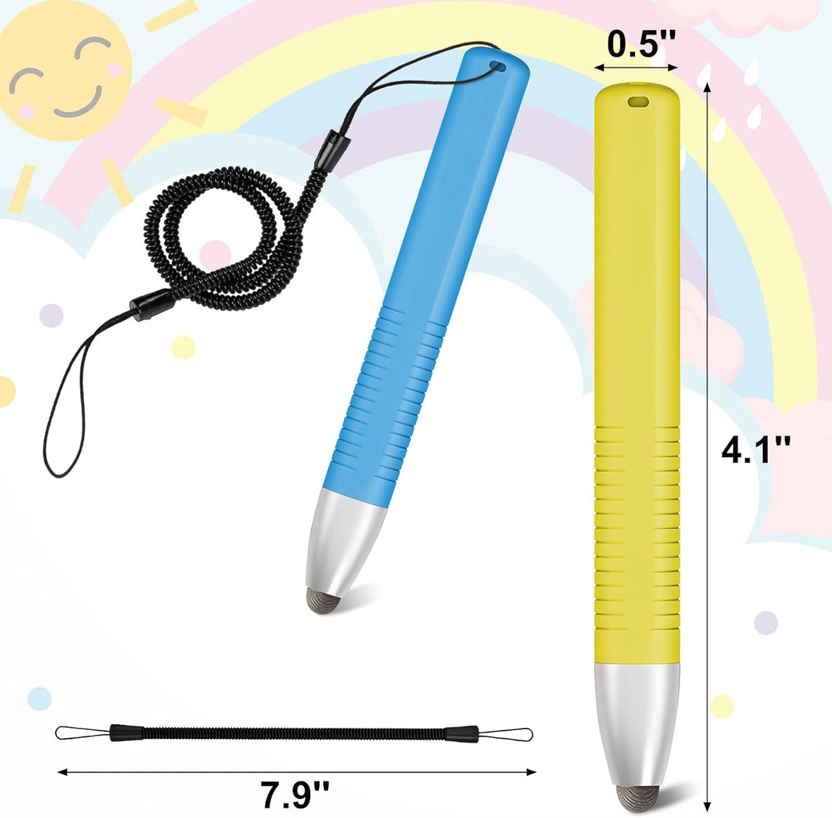 2pcs Kid-Friendly Stylus Pens for Touch Screens, Tablet Stylus Pen with Spring Cord Universal Touch Screen Capacitive Crayon Stylus Blue Yellow