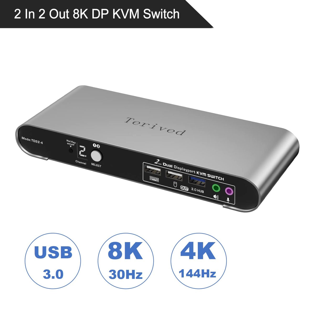 2 Port DP USB 3.0 Automatic KVM Switch Dual Monitor 4K@144Hz Two Computers Two DisplayPort Monitors switcher, 8K@30Hz, Aluminum hotkey Audio mic, Digital Display, HDR10 with Cables