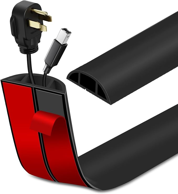 Floor Cord Cover Self Adhesive Cord Hider Floor Extension Cord Covers for Floor Power Cord Protector Cable Management Prevent Cable Trips Cable Cavity 0.47" W x 0.27" H (Black, 10Ft)