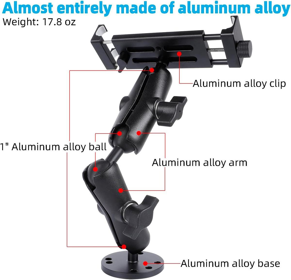 All-Aluminum Heavy Duty Drill Base Tablet Holder Mount for 4.7"-15" iPad Pro,Mini,Samsung Galaxy Tab, Surface, 360°Adjustable 2-Stage Arm Car Stand for Truck Dashboard Wall Desk Commercial Vehicle