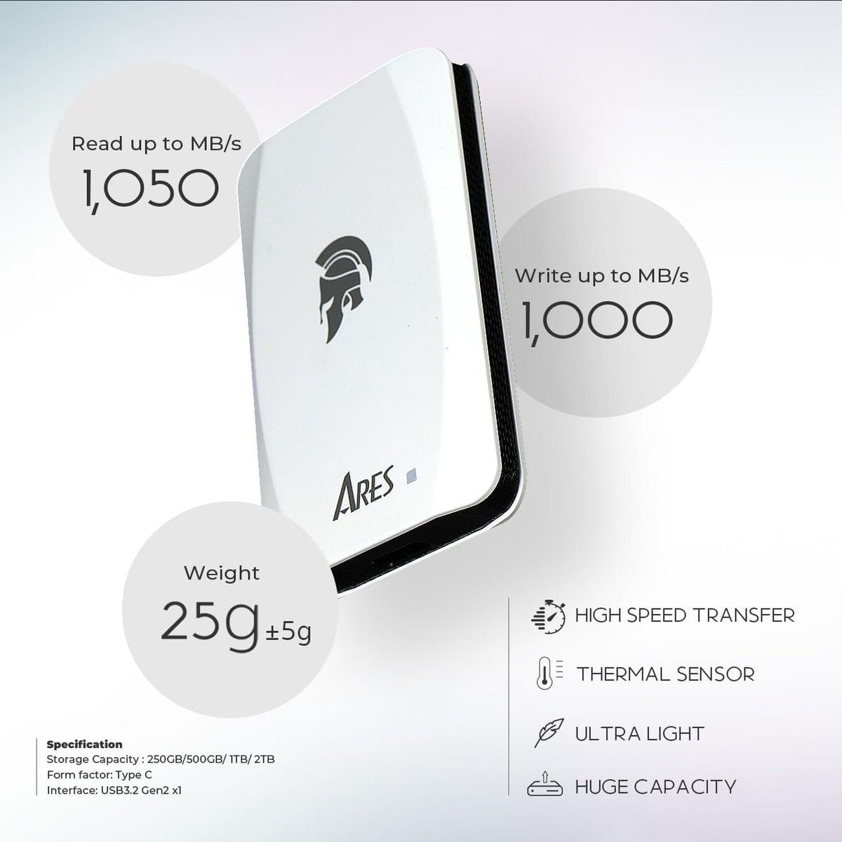 DATO External SSD 1TB, Portable SSD External Solid State Drive, USB 3.2 Gen 2x1 Type C Up to 1050/1000 MB/s, Super Light and Compact Portable Solid State Drive - ARES Torch