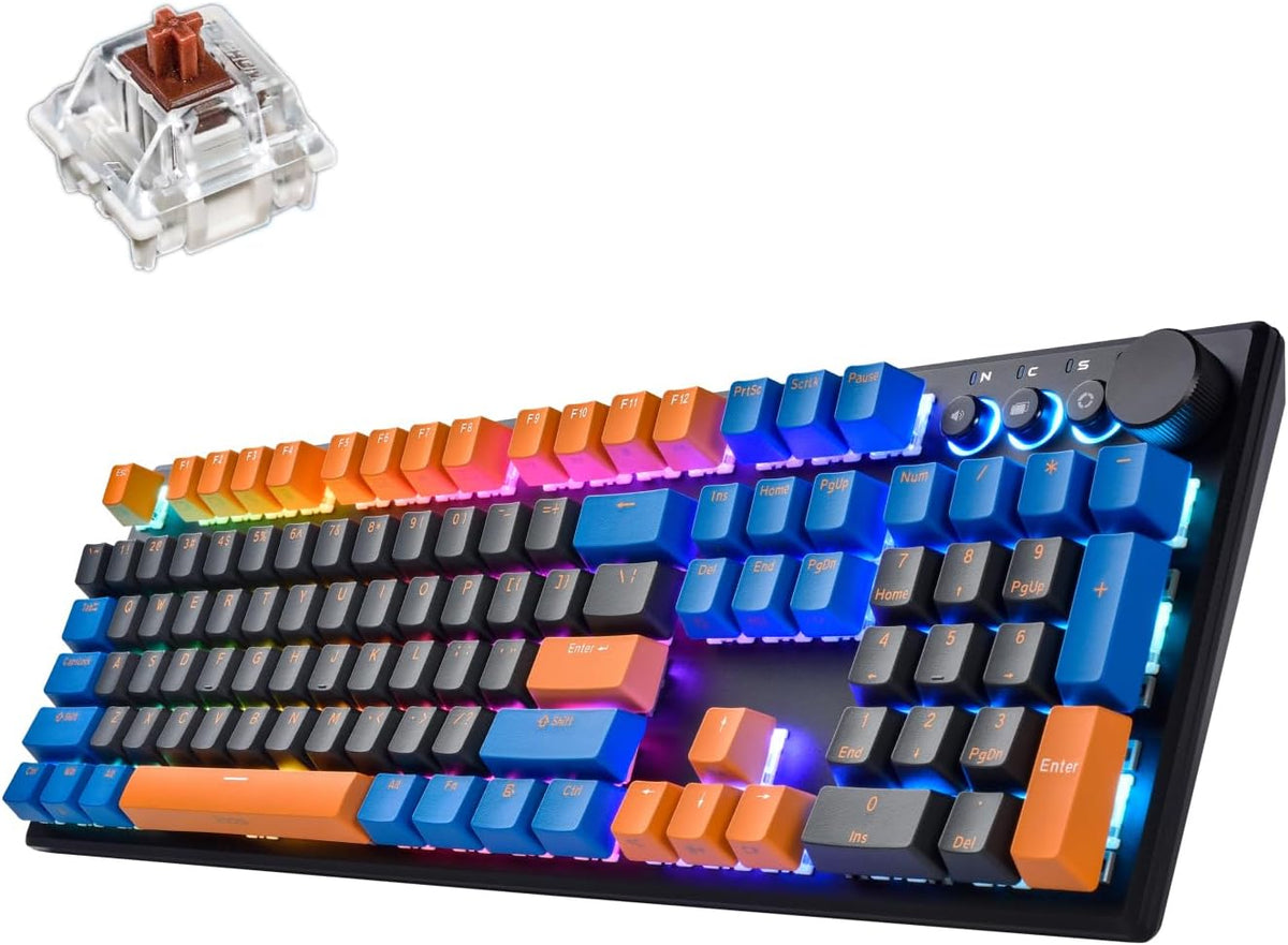 iRocks K74R Wireless RGB Illuminated Mechanical Gaming Keyboard, Hot-Swappable Switches, Floating Design, PBT 107 Keys NKRO, Detachable USB-C Cable - Midsummer Black (Brown Switches)