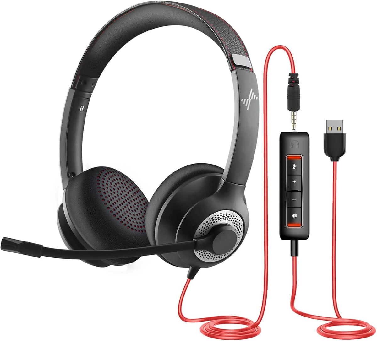 Headset (USB+3.5mm, JIAMQISHI USB with Microphone for PC, On-Ear Computer Laptop Headphones with Noise Cancelling