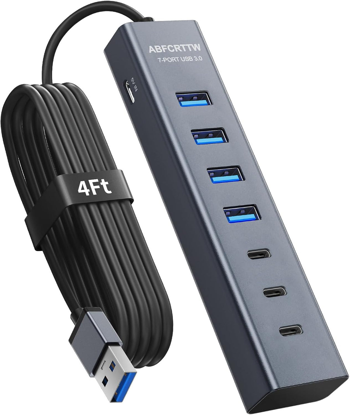 ABFCRTTW 4Ft 7-Port 3.0 4 3 5Gbps USB Hub for Desktop, USB-A & USB-C Ports Aluminium USB Extender Hub, USB Splitter