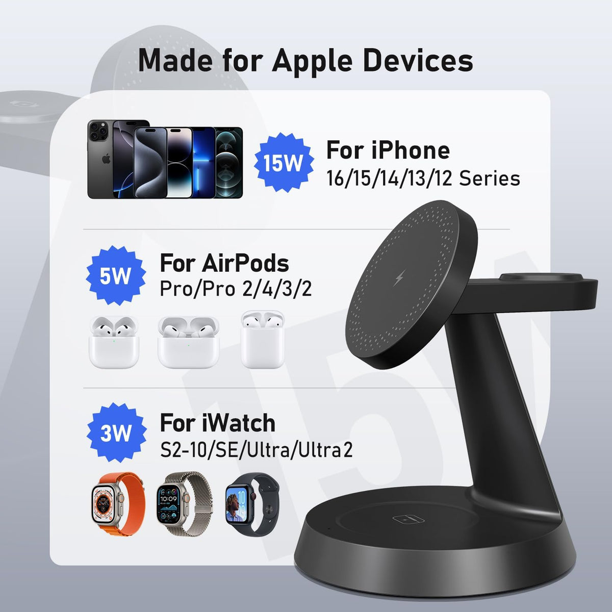 3 in 1 Wireless Charging Station for Apple Mag-Safe 15W Fast Charger Stand for Multiple Apple Devices Magnetic Charger for iPhone 16 Pro Max/16 Pro/16/15/14/13/12, AirPods, iWatch Series(Black)