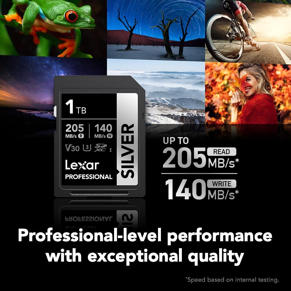 Lexar 1TB Professional Silver SD Card, UHS-I, C10, U3, V30, 4K, Up to 205/140 MB/s SDXC Memory Card, for Professional Photographer, Videographer, Enthusiast (LSDSILV001T-BNNNU)